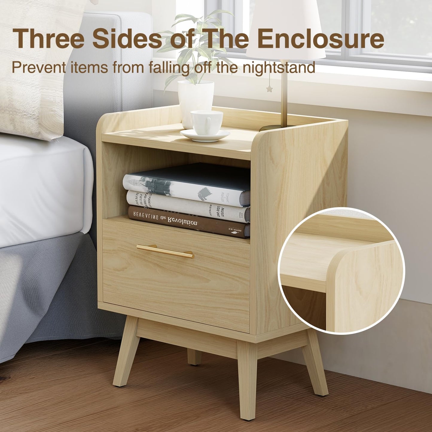 Favoduerme Night Stand with Drawer & Open Storage Shelf, Small Wooden Nightstand with Raised Edge, Mid Century Modern Side Table with Solid Wood Feet, Metal Handle for Bedroom Natural