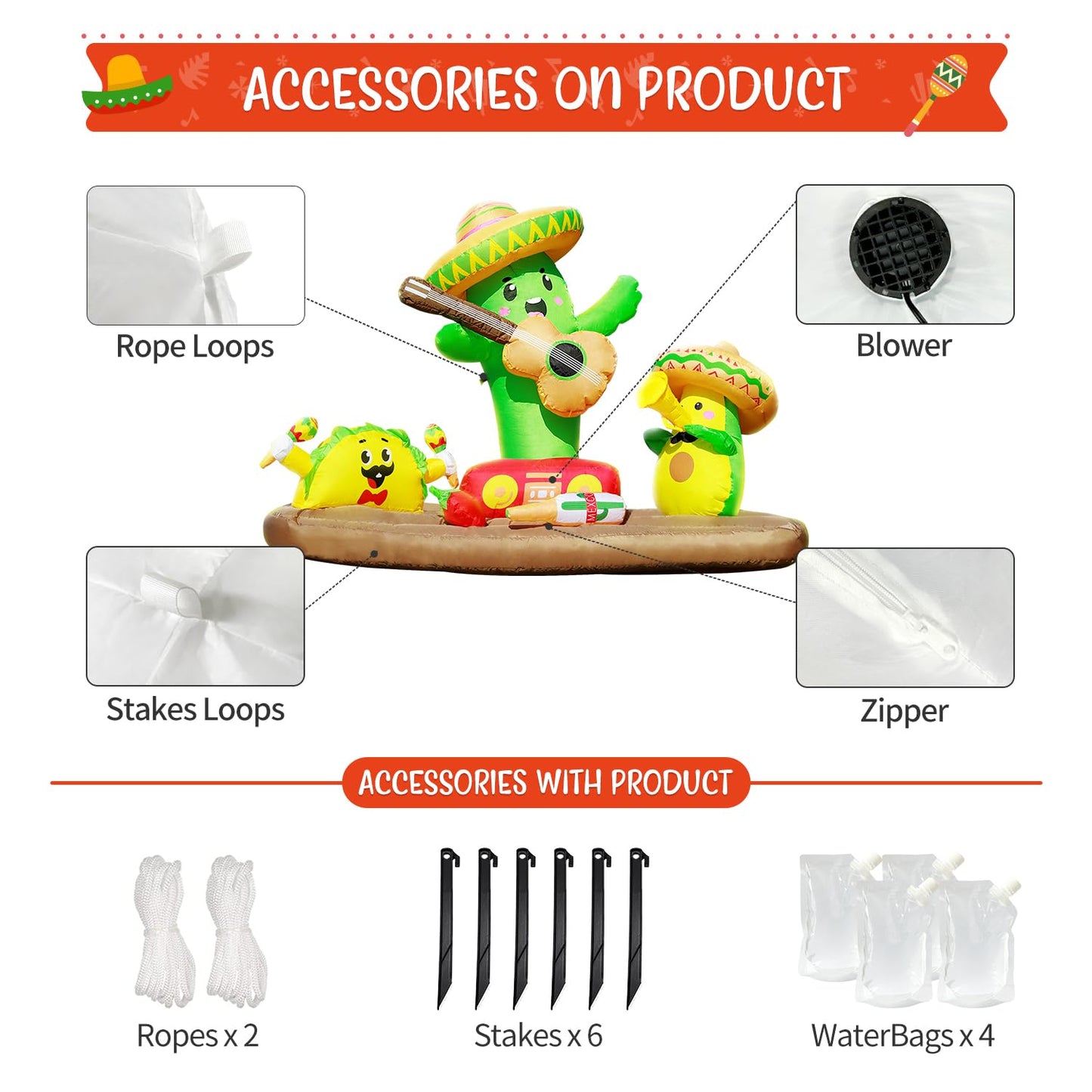 DomKom 6FT Cinco De Mayo Inflatables Fiesta Party, Blow up Outdoor Decorations Cactus Avocado Taco Mexican Party May 5 Sombreros Built-in LEDs Light Fiesta Maracas for Garden Lawn Yard