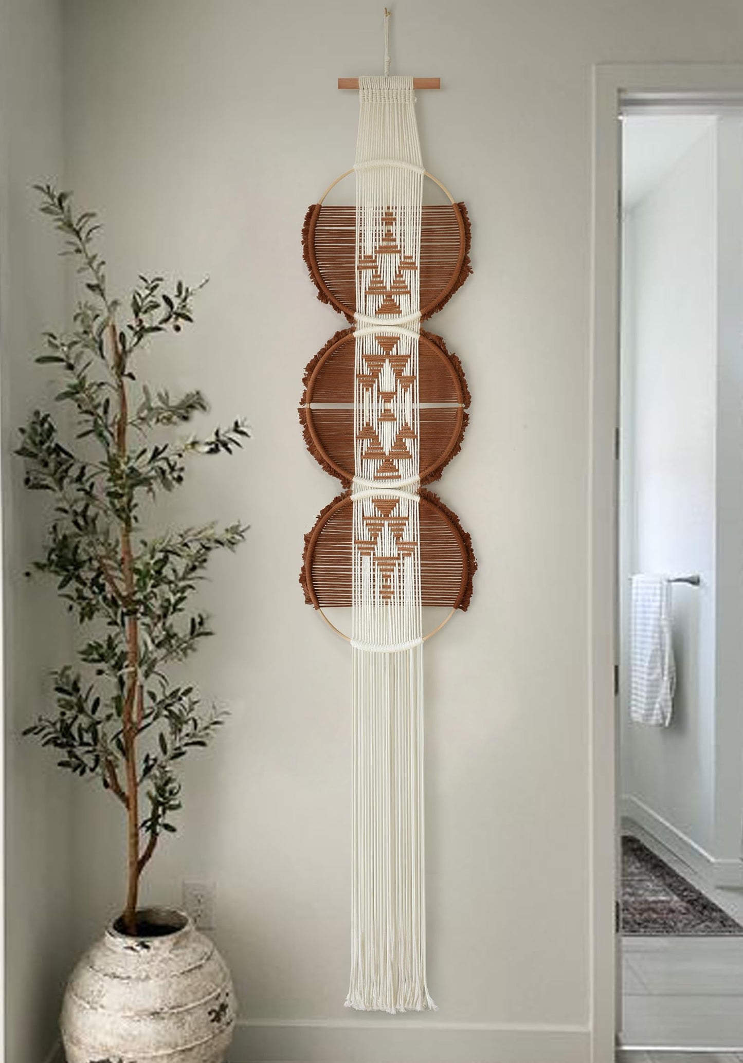 Flber Macrame Wall Hanging Brown and white Boho Wall Decor Art Living room wall art Round Handmade Geometric Lines Home Décor 11.8W x 65L