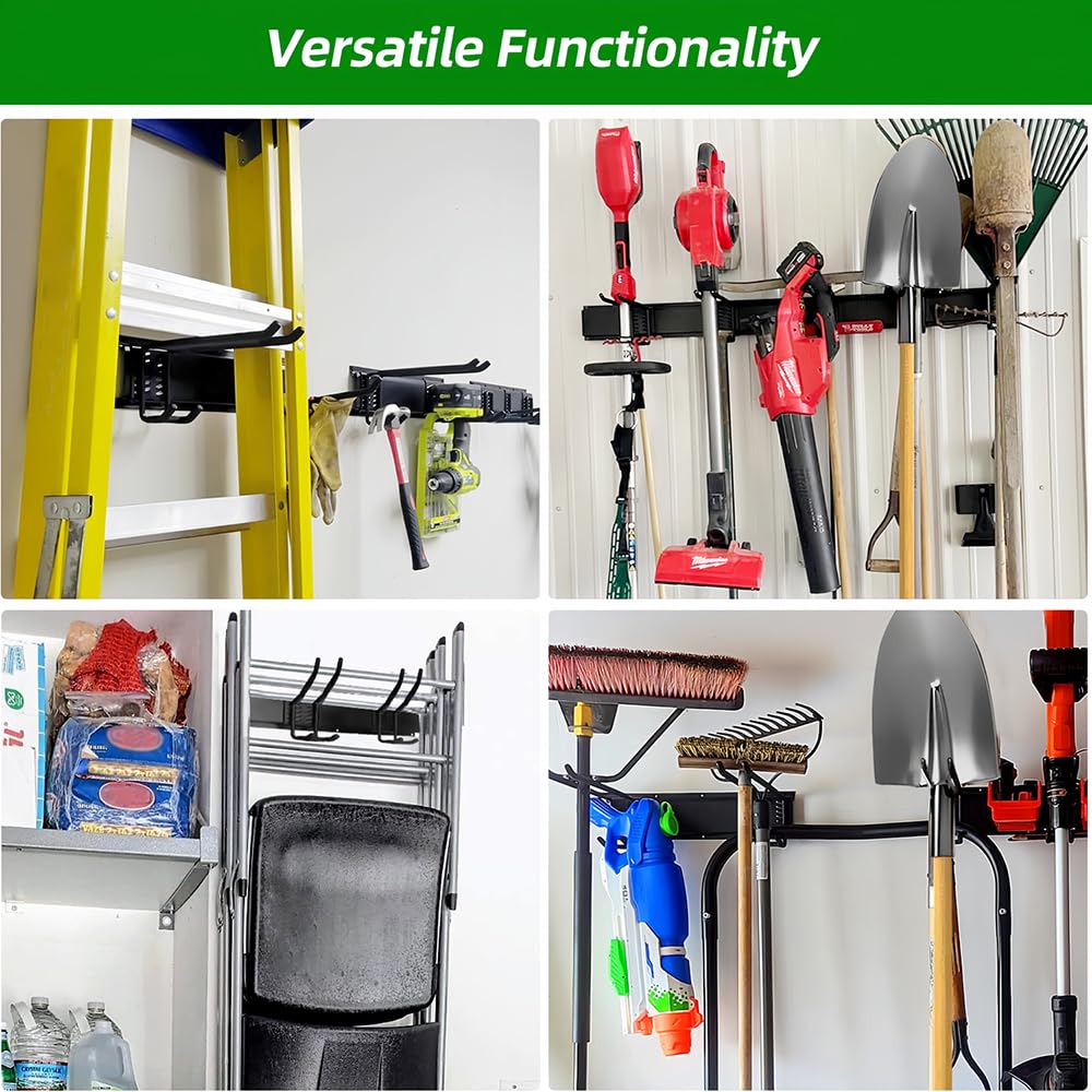 PIYILO Garage Tool Organizer Wall Mount with 48 inches Rails and 6 Double-layer Hooks, Garden Tool Rack Heavy Duty, Garage Hanging Storage Rack For Yard Tools, Shovel, Shed