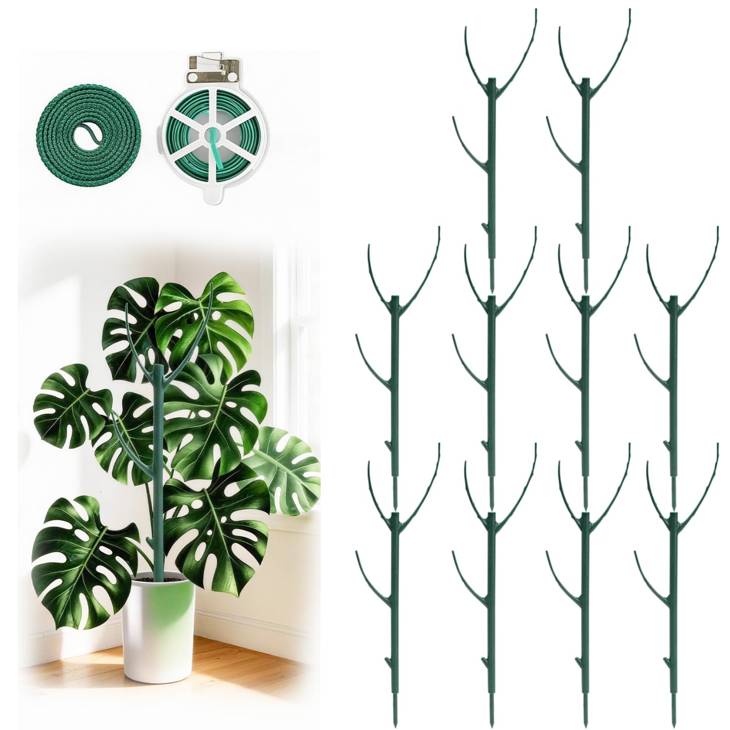 10 Pack Stackable Plant Support Stakes, 75inch Climbing Plant Sticks Structures for Monstera with Garden Ties, Durable Alternative to Moss Pole for Indoor Outdoor Plants