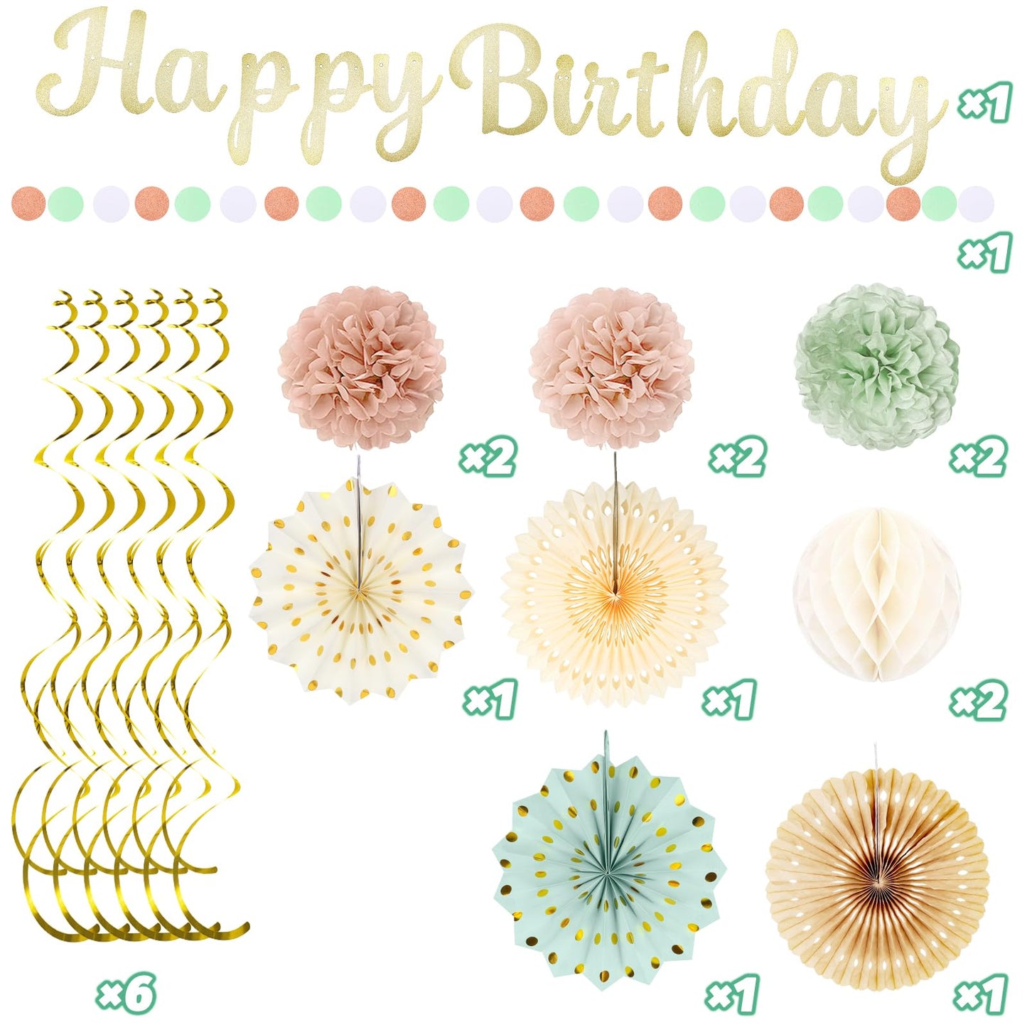 Birthday Decorations for Women, Sage Green Blush Pink Beige Party Decorations - 20pcs Cream Light Dusty Pink Paper Pompoms Fan,Streamers,Lanterns,Happy Birthday Banner,Rustic Backdrop Decor