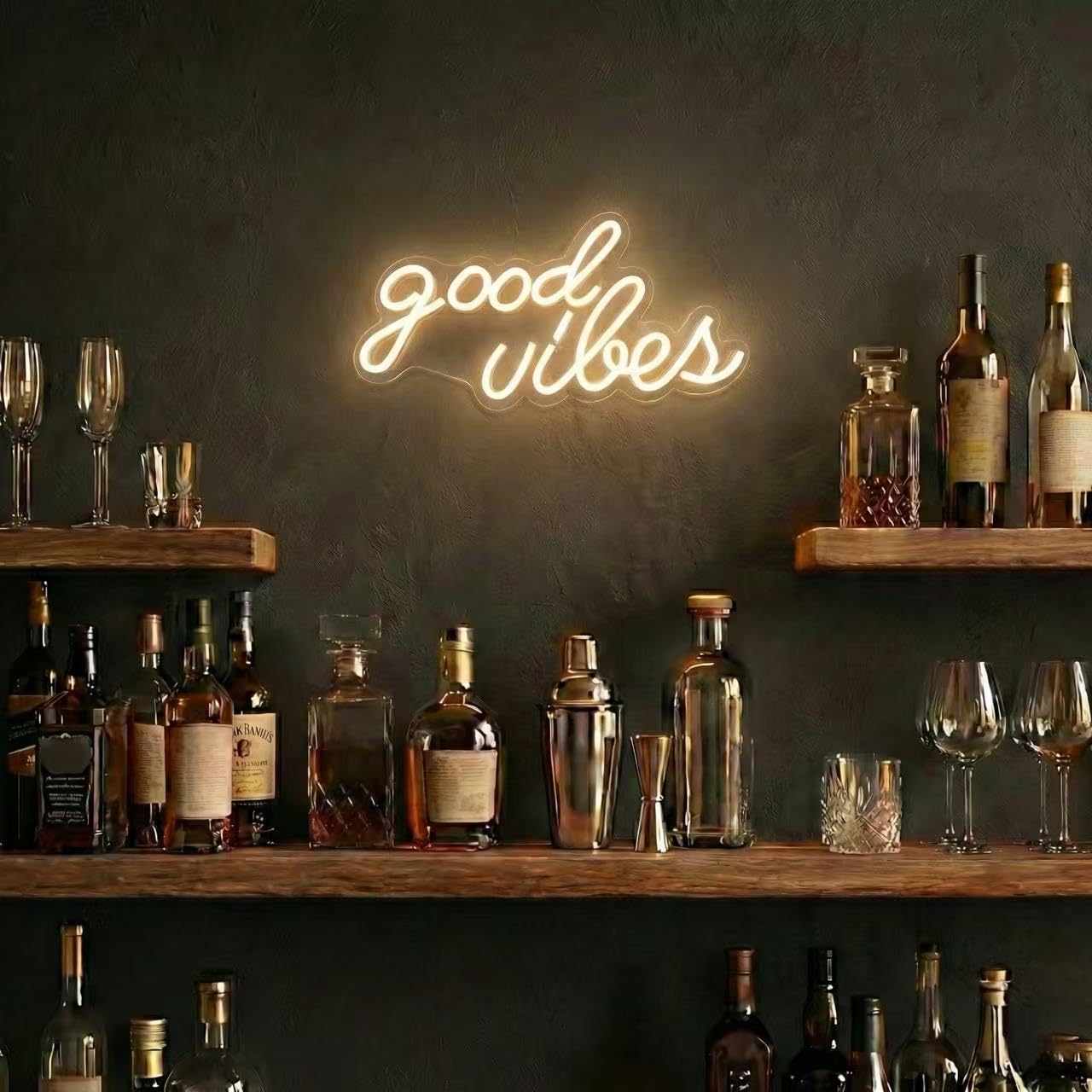 DECANIT Good Vibes Neon Sign Warm White, Boho LED Light for Wall Decor, Living Room, Wedding, Engagement Party, USB Powered 3D Art Holiday Gift, 16.1x8.3 Inch