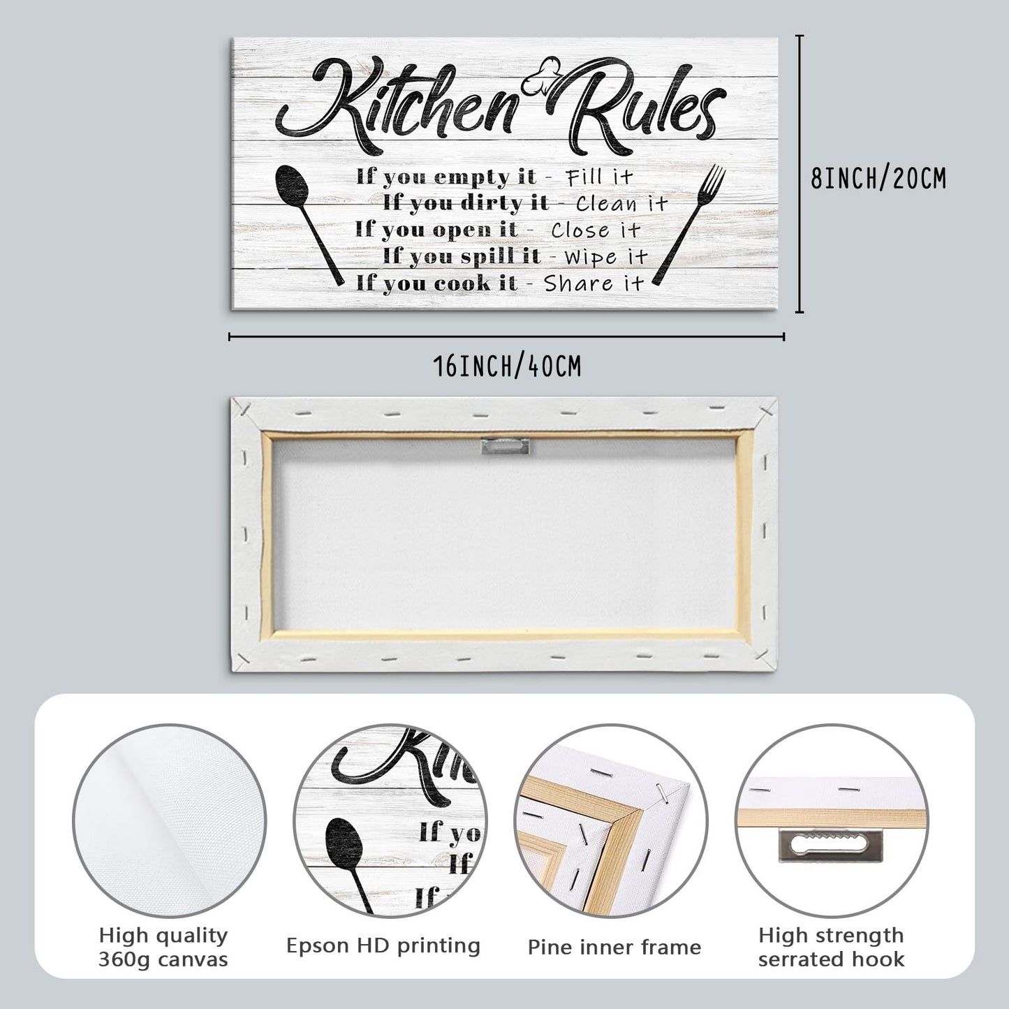 Pinetree Art Kitchen Rules Wall Decor Funny Inspirational Quote Canvas Print Art Modern Rustic Farmhouse Kitchen Decorative (8X16 Inch, W)