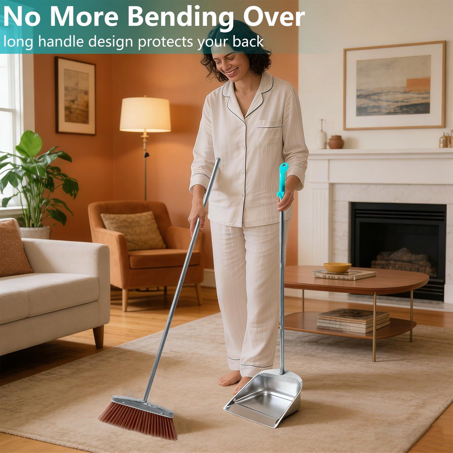 Stainless Steel Broom and Dustpan Set, 2-Piece, Long Handle Standing Design with Comb Teeth, Heavy Duty Windproof Upright for Home, Kitchen, Indoor Outdoor Use (Silver Teeth)