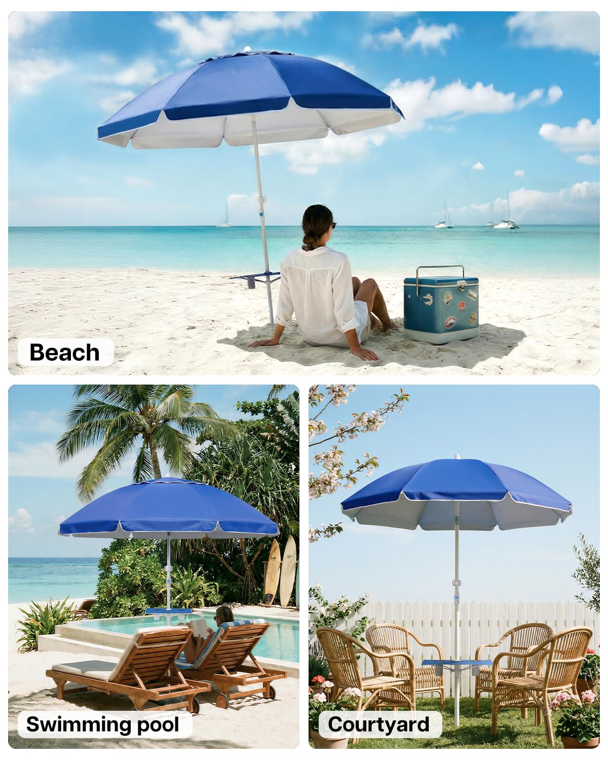 Paramondo 7ft Beach Umbrella with Sand Anchor Air Vent Push Button Tilt and Crank, Portable Sunshade Outdoor Patio Umbrella with 8 Sturdy Ribs for Garden, Deck, Backyard, Pool and Beach