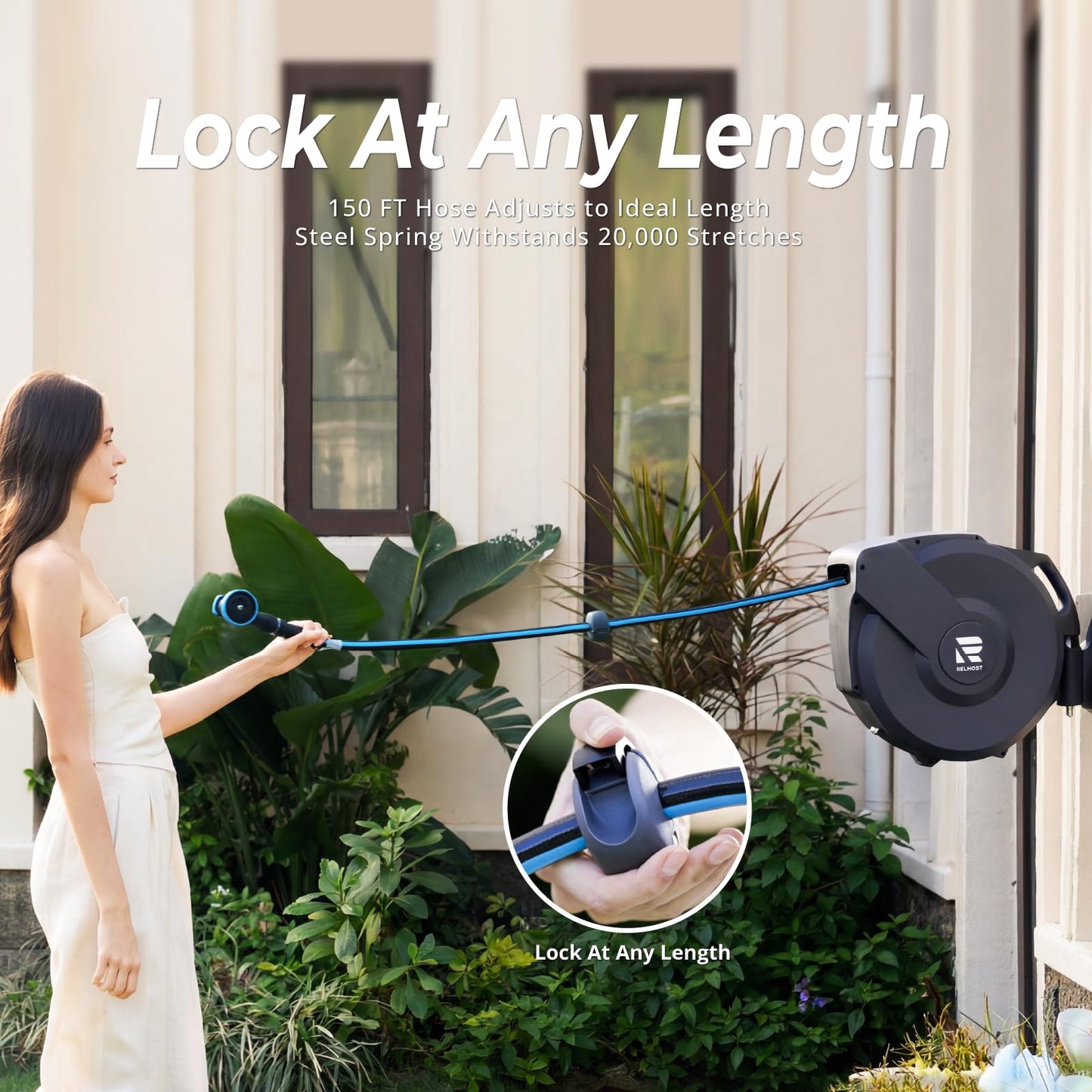 Relhost Retractable Garden Hose Reel, 1/2 in x 150 ft Wall Mount Heavy Duty Hose Reel with Any-Length Lock, Auto Rewind System, 180° Swivel Bracket, and 10-Pattern Nozzle for Garden, Dark Grey