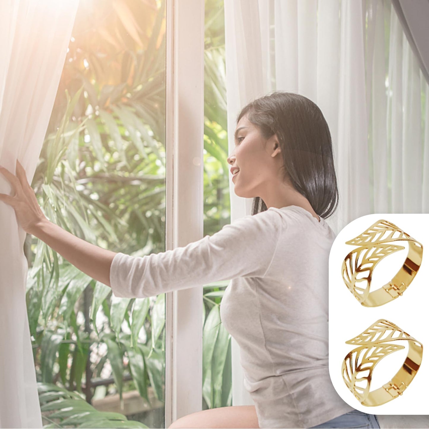 Curtain Tiebacks Curtain Holdbacks Aluminum Alloy Spring Design Gold Leaf Curtain Tie Simple Style Tiebacks for Drapes Or Curtain Ties Backs Curtain Modern Style Curtain Holdback Decorative (2 Gold)
