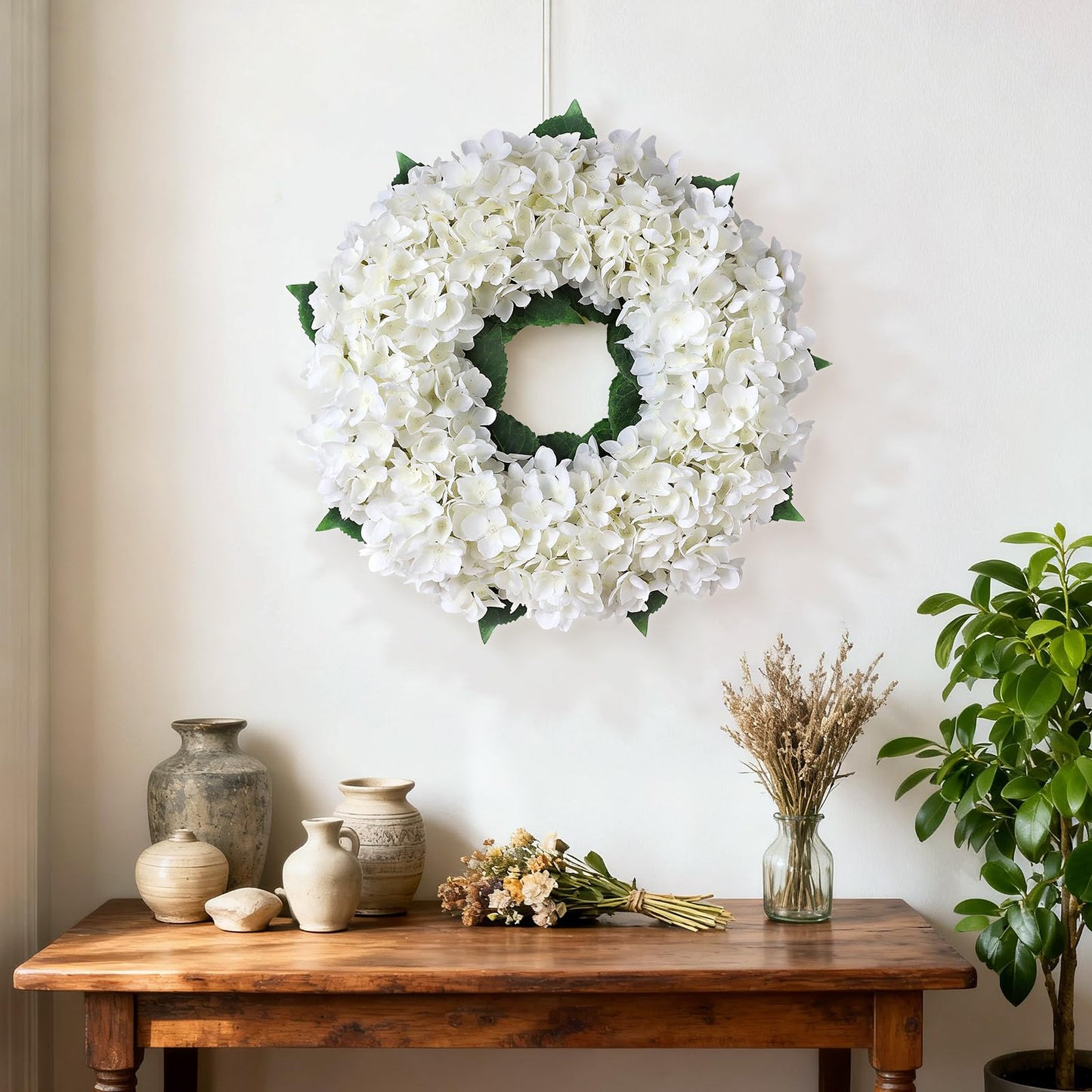 Artificial Hydrangea Wreath for Front Door, 21" Spring Summer White Flower Wreath, Fuax Hydrangeas Leaves for Home Mantel Wall Farmhouse Decor