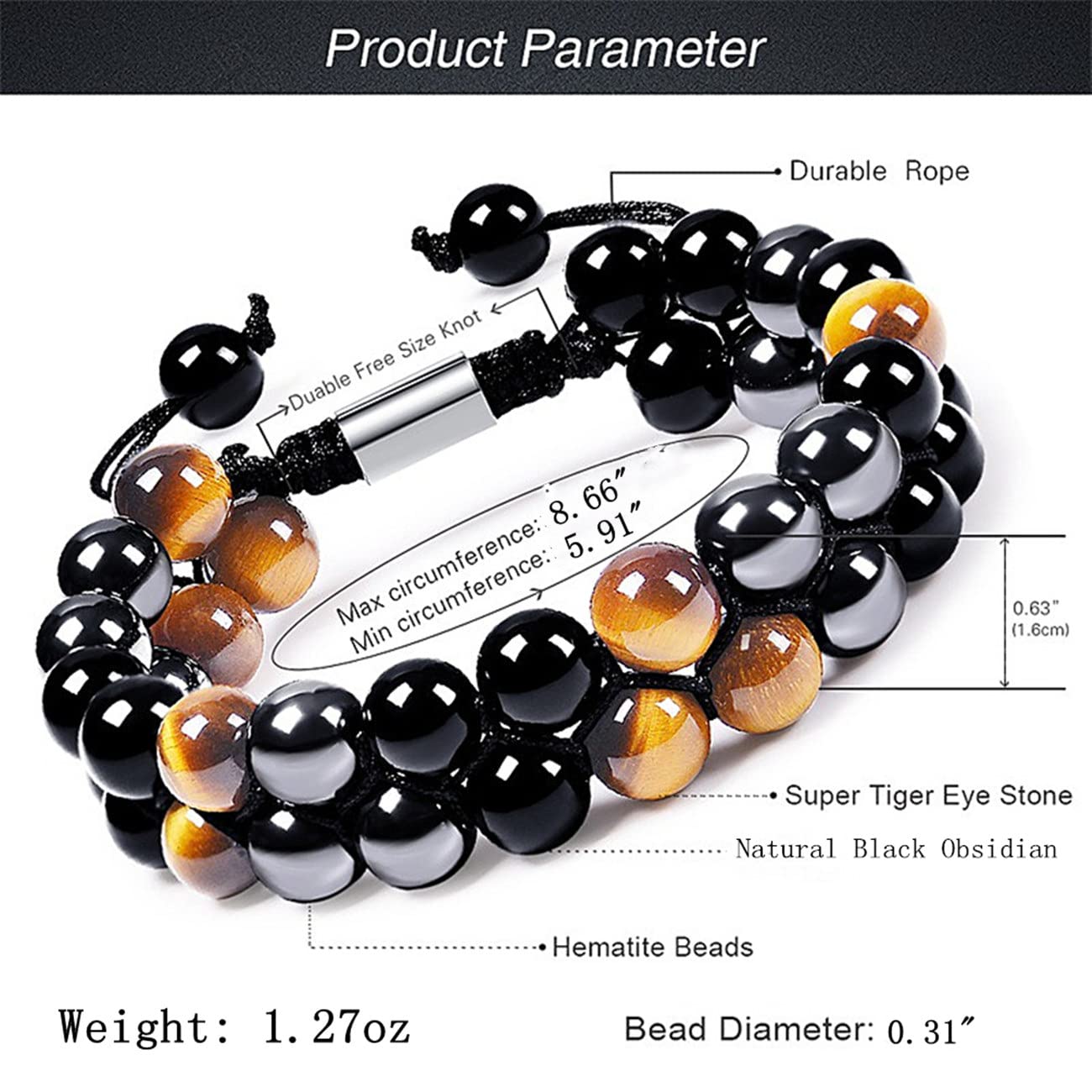 WEFRIN Triple Protection Bracelet for Bring Luck and Prosperity Hematite Black Obsidian Tiger Eye Stone Bracelets for Men Women, Beaded Buddha Rope Uni Bracelet (2pcs)(A(1))