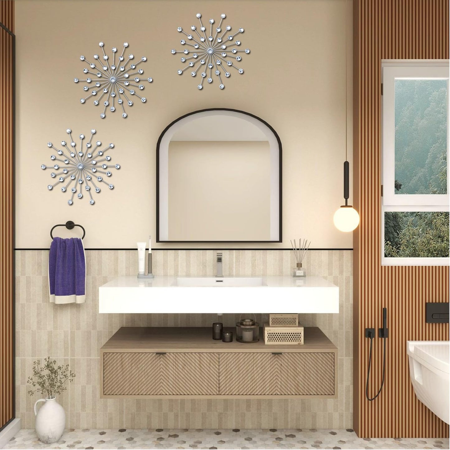 ZEXUIRU 3 Pack Silver Sunburst Wall Decor – Metal Crystal Wall Art with Sparkling Rhinestones, 14’’/18 Inch Starburst Wall Hanging Set for Living Room Bedroom Bathroom – Modern Bling Home Decorations