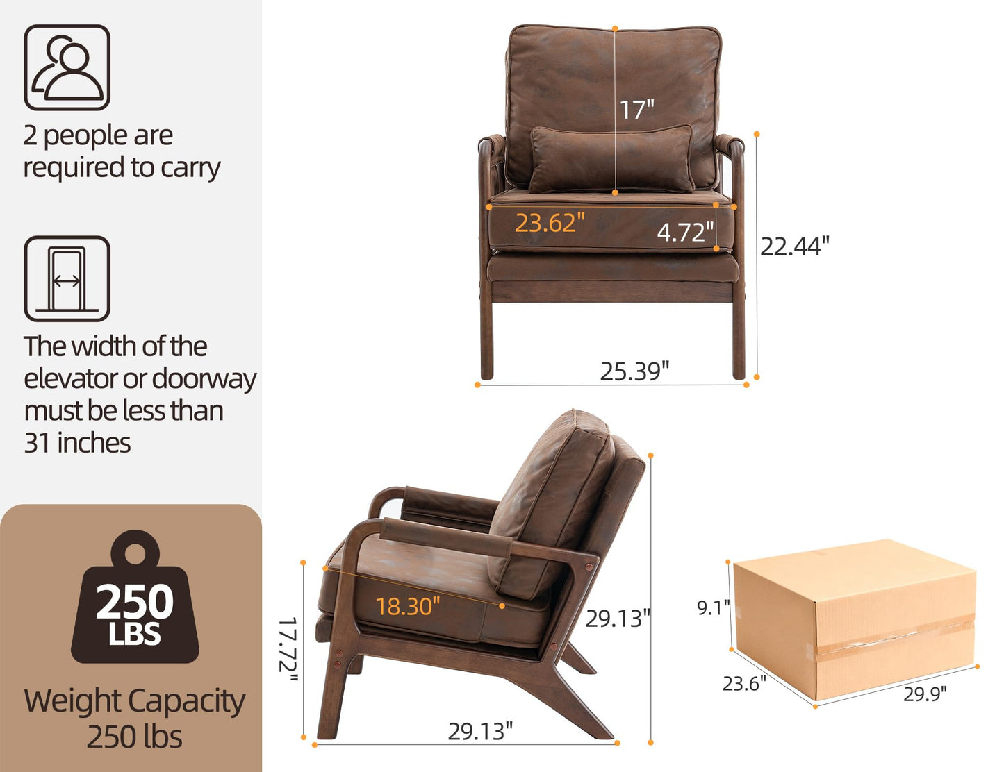 AILIUHUA Mid Century Modern Accent Chair with Pillow & Pocket, Upholstered Armchair with Solid Wood Frame & Soft Cushion for Living Room, Bedroom, Belcony, Sunroom (1, Brown)