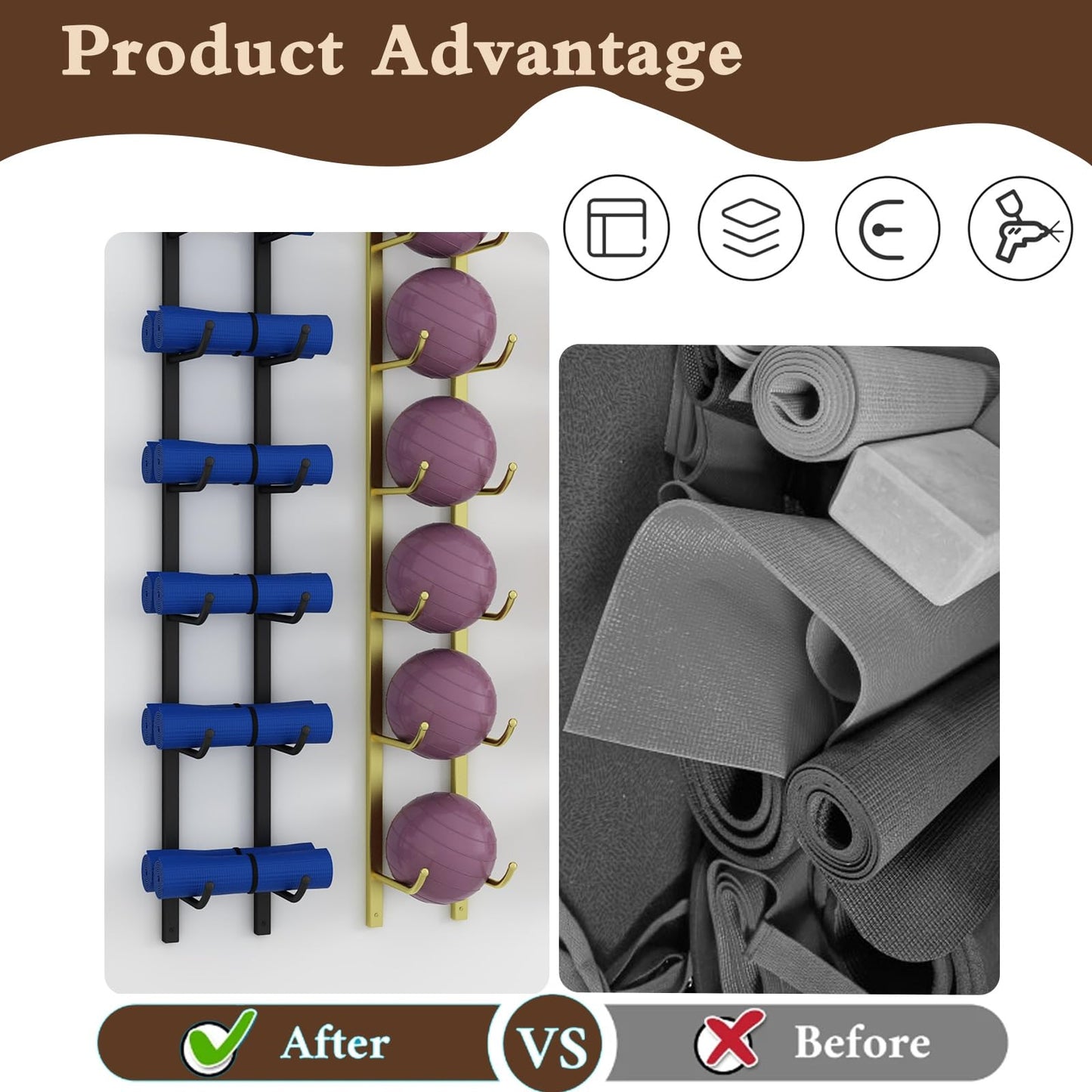 amhricho Yoga Mat Storage Rack, Wall Mounted Yoga Mat Holder, Large Capacity Storage Shelf, Multi-layer Storage, Home Hanging Storage Racks, Suitable for Home, Yoga Studio, Gym, School(Black,6-Tier)