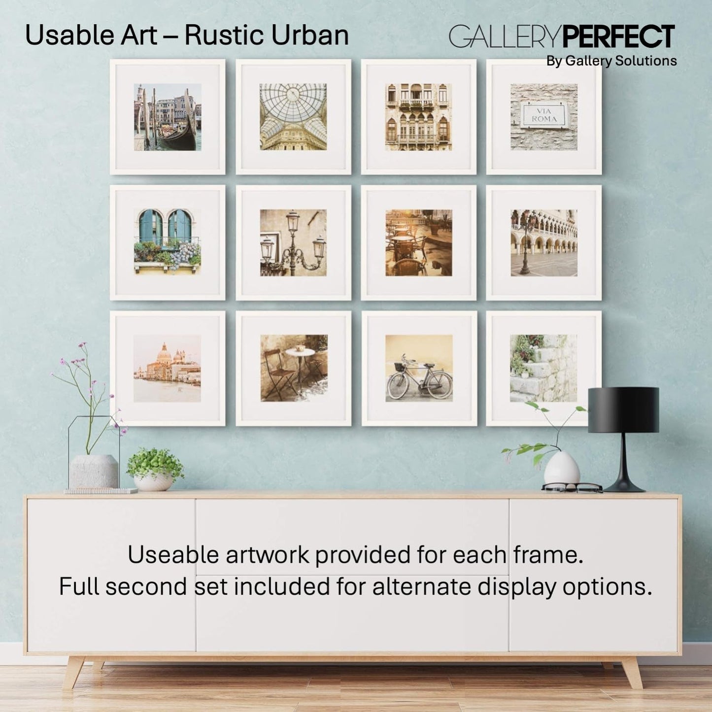 Gallery Perfect - 12-Piece White Square Photo Frame - Set with Hanging Template - Wall Gallery Kit - 16.5"x10.2"x16.7" - Square Wall Mount - Complete Set - Galley Wall - Picture Frame Set