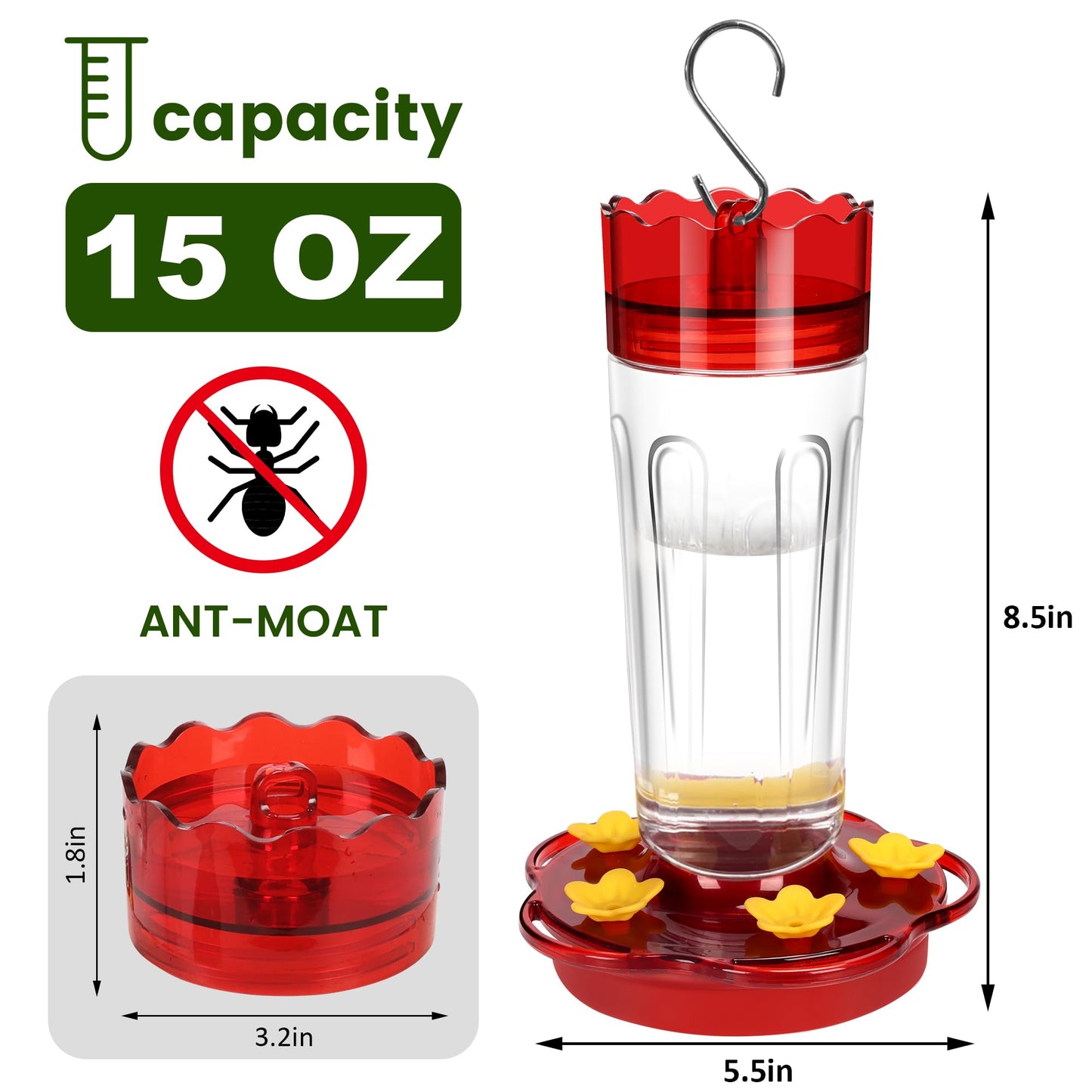 Plastic Hummingbird Feeders for Outdoors Hanging Ant and Bee Proof, 2 Pack 15 Ounces Red Hummingbird Feeder with 5 Feeding Ports and Perches, Built-in Ant Moat, Outside Garden Décor (Plastic, 2)