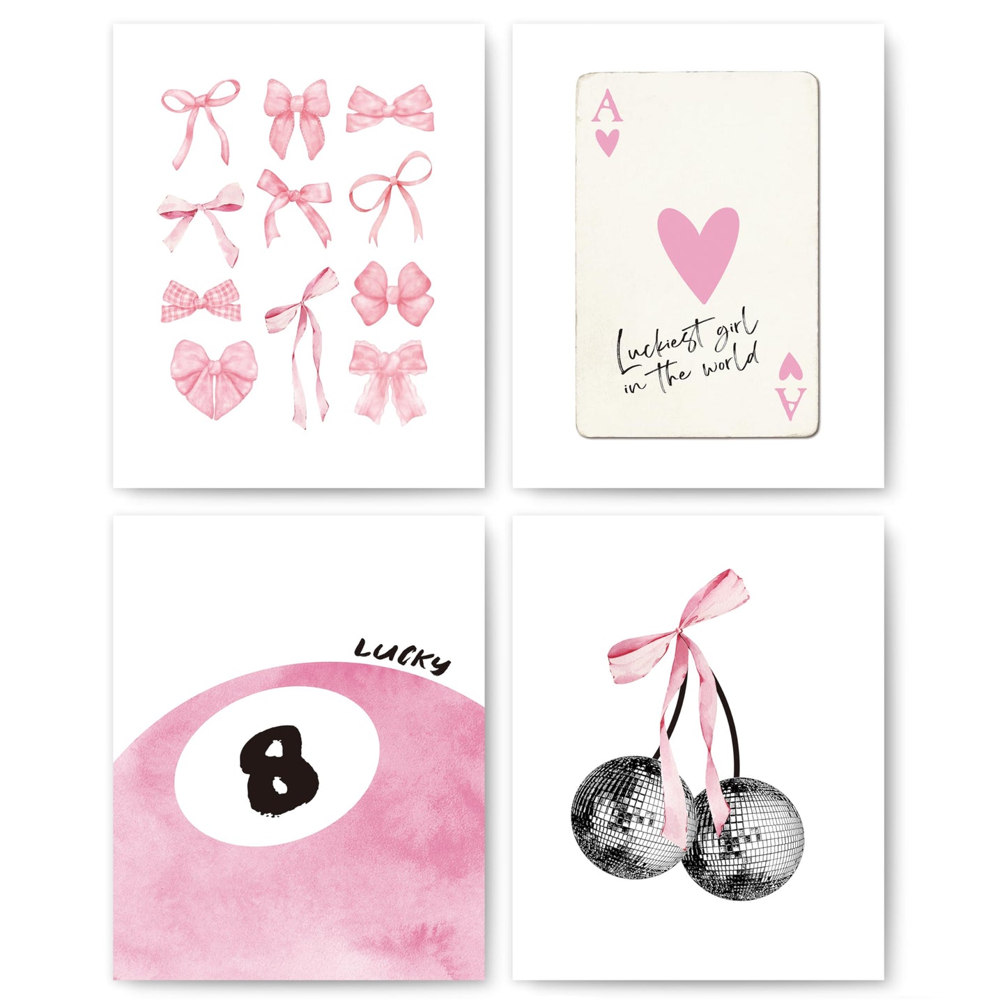 okaxscm Pink Coquette Trendy Preppy Wall Art Prints Set of 4, Coquette Room Decor, Preppy Room Decor Aesthetic, Pink Bow Disco 8 Ball Cherry Wall Decor Posters for Girls Bedroom Dorm, 8x10 Unframed