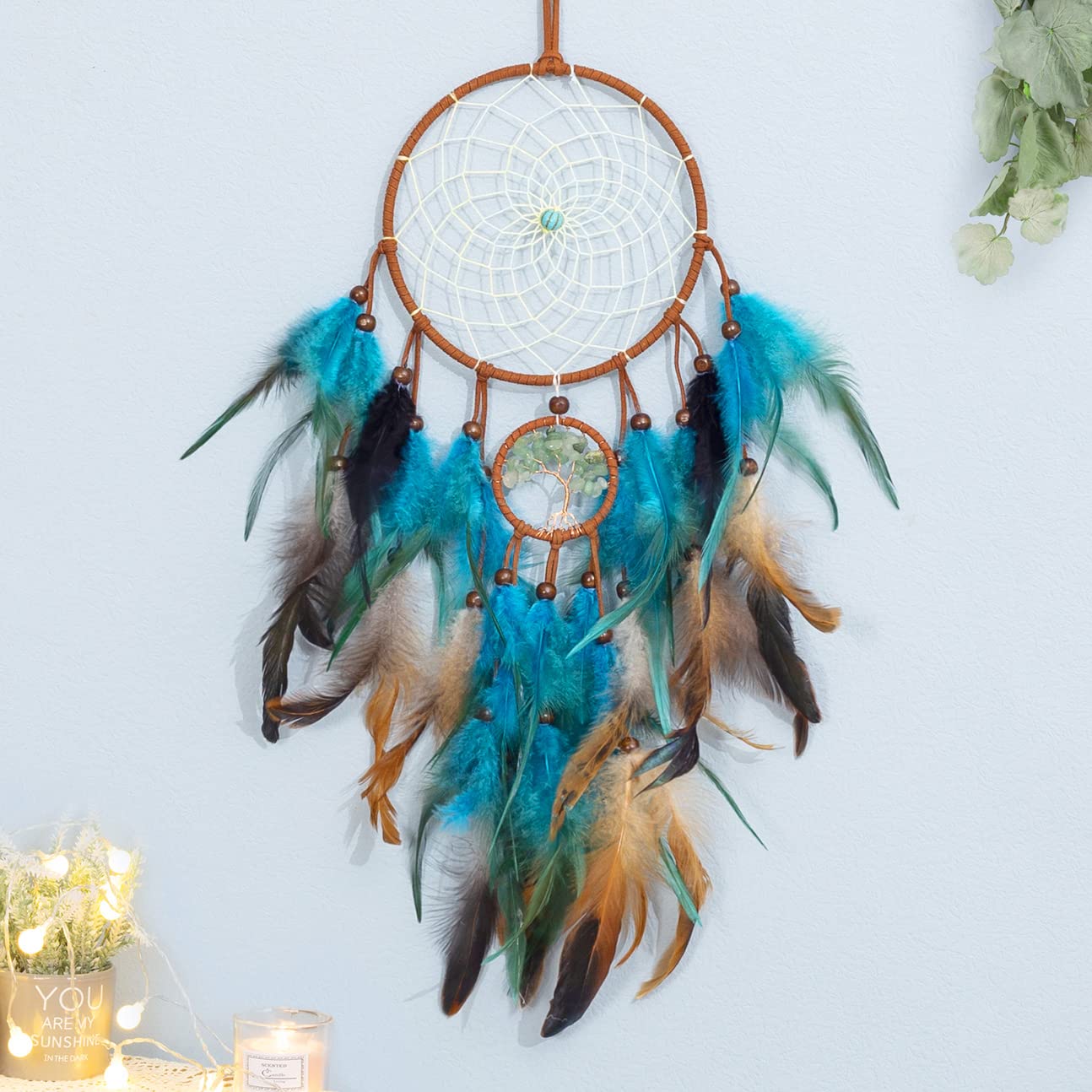Dream Catcher Blue Tree of Life with Feathers, Handmade Indians Traditional Circular Net for Wall Hanging Decor, Bedroom Kids, Home Decoration Wedding Party Blessing Gift