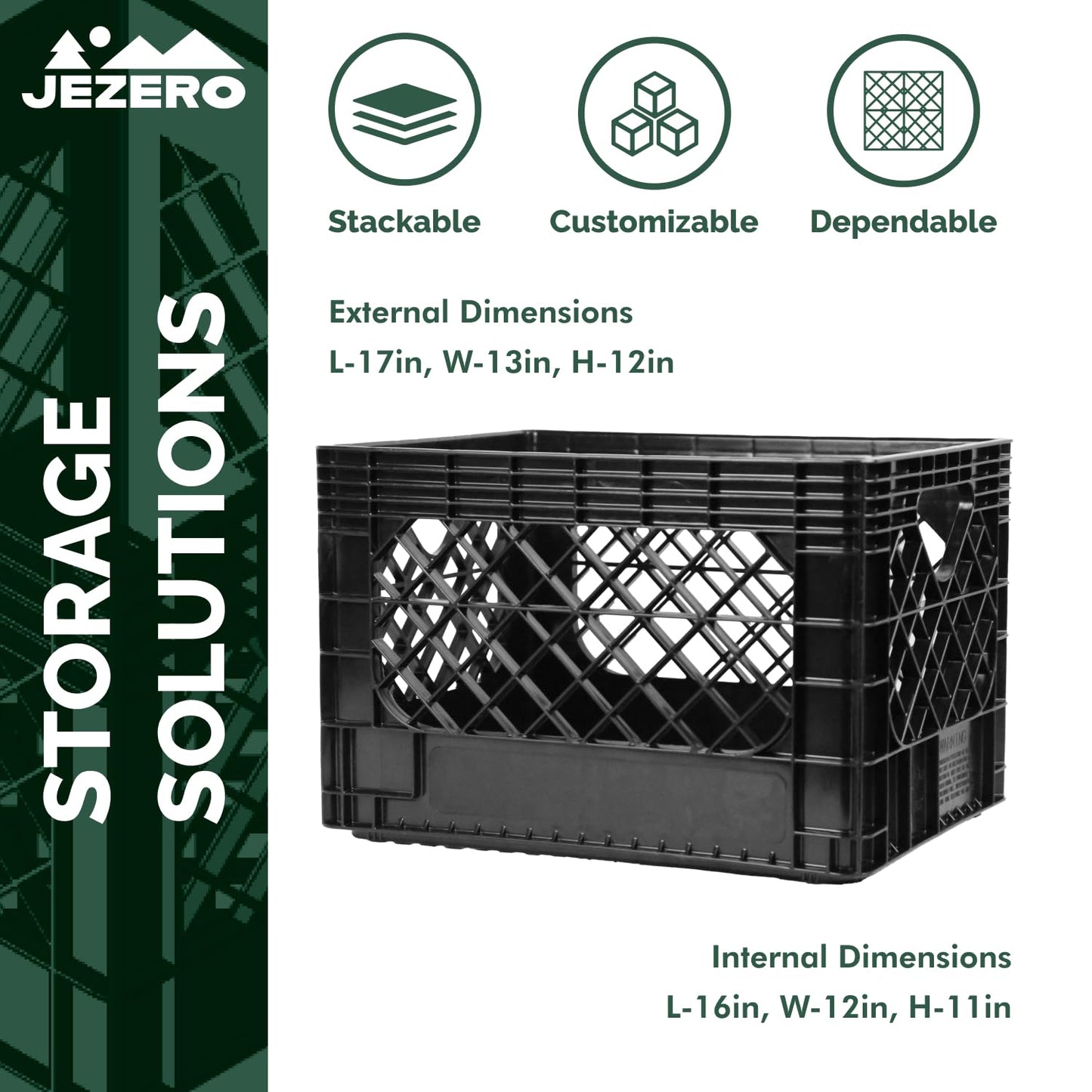 JEZERO 20 Quart Heavy Duty Plastic Crate | Stackable Multi-Purpose Storage Bin for Garage, Home, Office, Groceries, Outdoor, Camping & Kayaking | Black Utility Tote, 17" x 13" x 11"