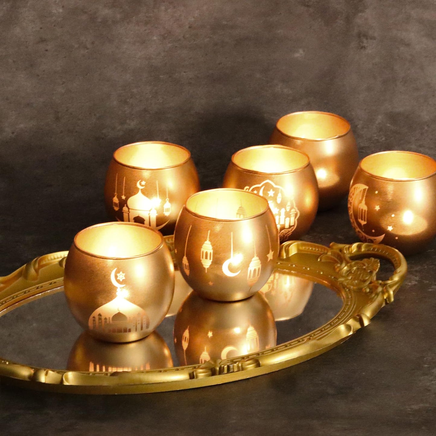 Gold Ramadan Decorations for Home Set of 6, Mosque & Crescent Moon Glass Tealight Candle Holders, Star & Lantern Votive Holders for Ramadan Table Decor, Elegant Eid Mubarak Islamic Gifts