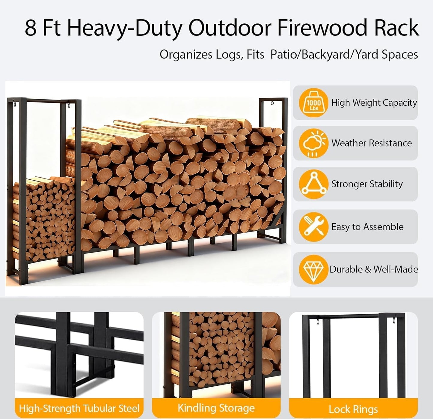 Shomextol 8ft Large Firewood Rack Outdoor, Heavy Duty Metal Wood Rack with Kindling Storage - For Indoor & Outdoor Fireplace, Wood Pile Organizer,Black