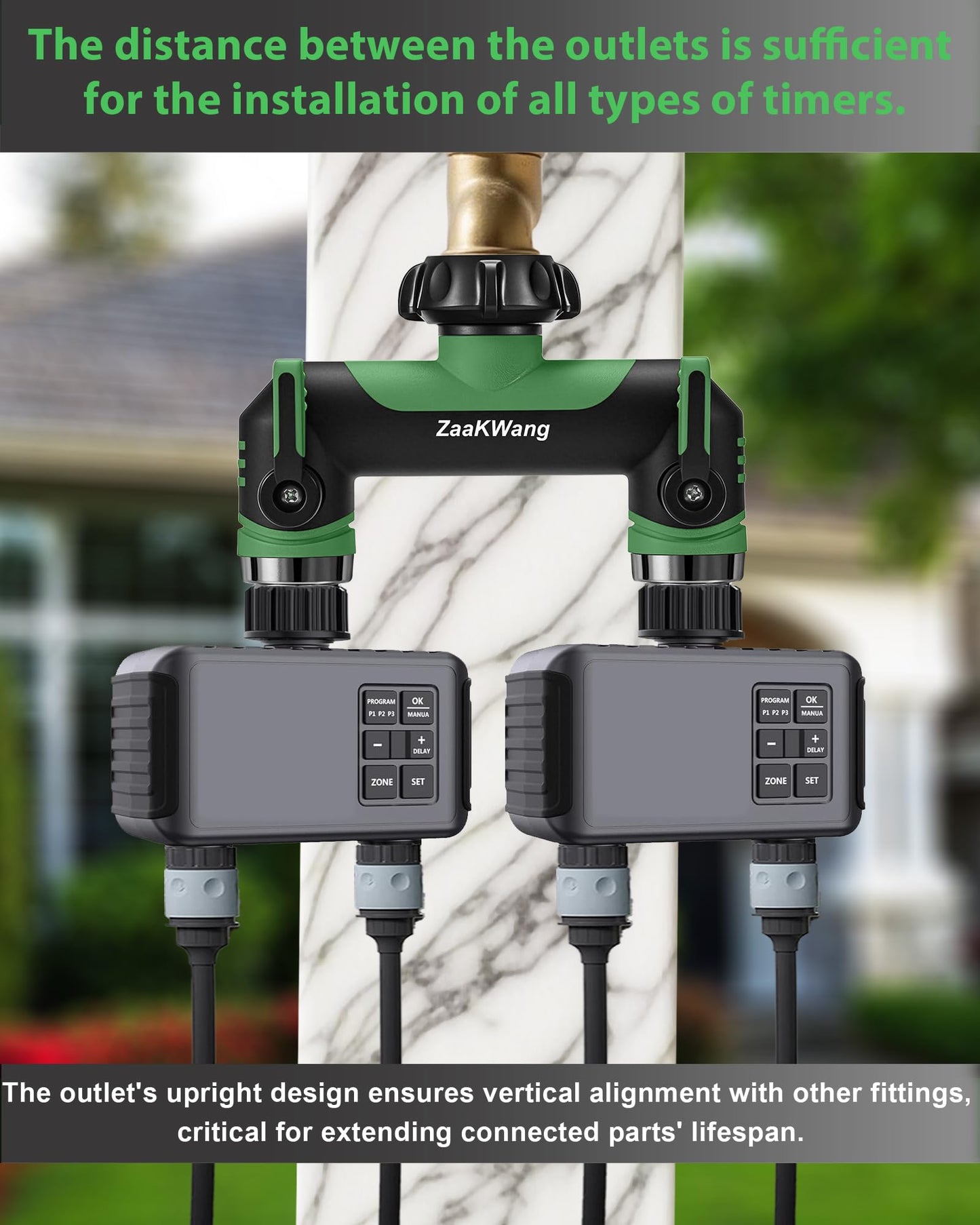 ZaakWang Garden Hose Splitter 2 Way, Heavy Duty Water Hose Spigot Bib Splitter, Outdoor Faucet Splitter with Shutoff Valve, T Adapter Connector with 3/4 - Inch GHT Thread (Green)