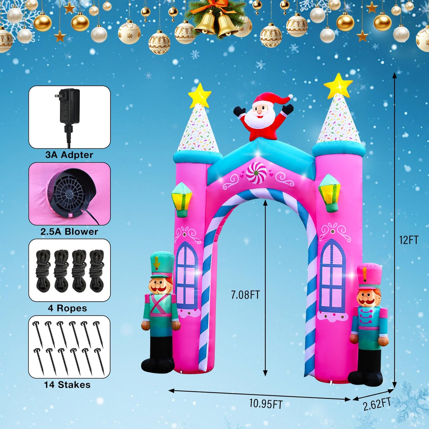 Christmas Inflatable Archway Outdoor Decoration – 12FT Nutcracker Blow Up Arch with LED Lights, Featuring Santa Claus and Festive Christmas Soldiers for Yard, Entryway, or Holiday Party