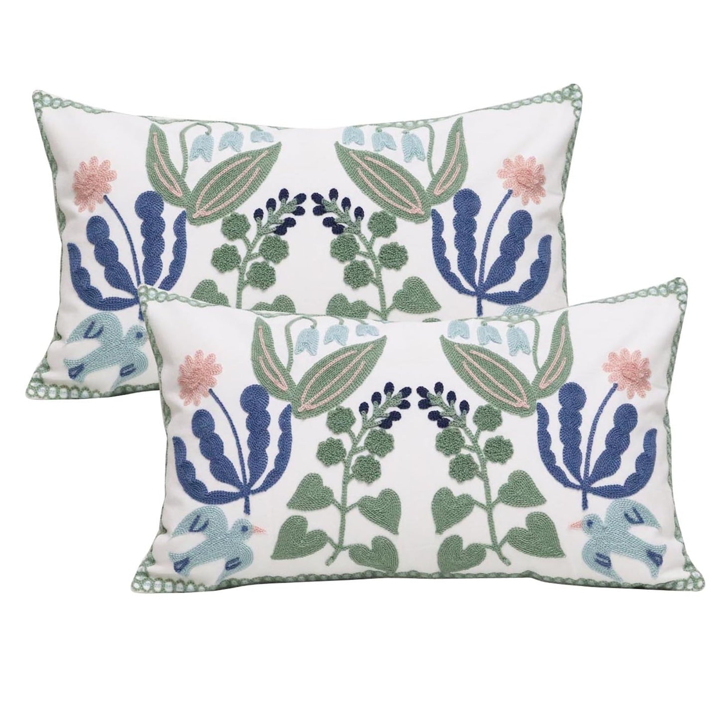 Pilmandu Pack of 2 Embroidered Decorative Throw Pillow Cover 18x18 Inch Farmhouse Floral Pillowcase for Living Room Sofa Bed (Bird Flower-Waist)