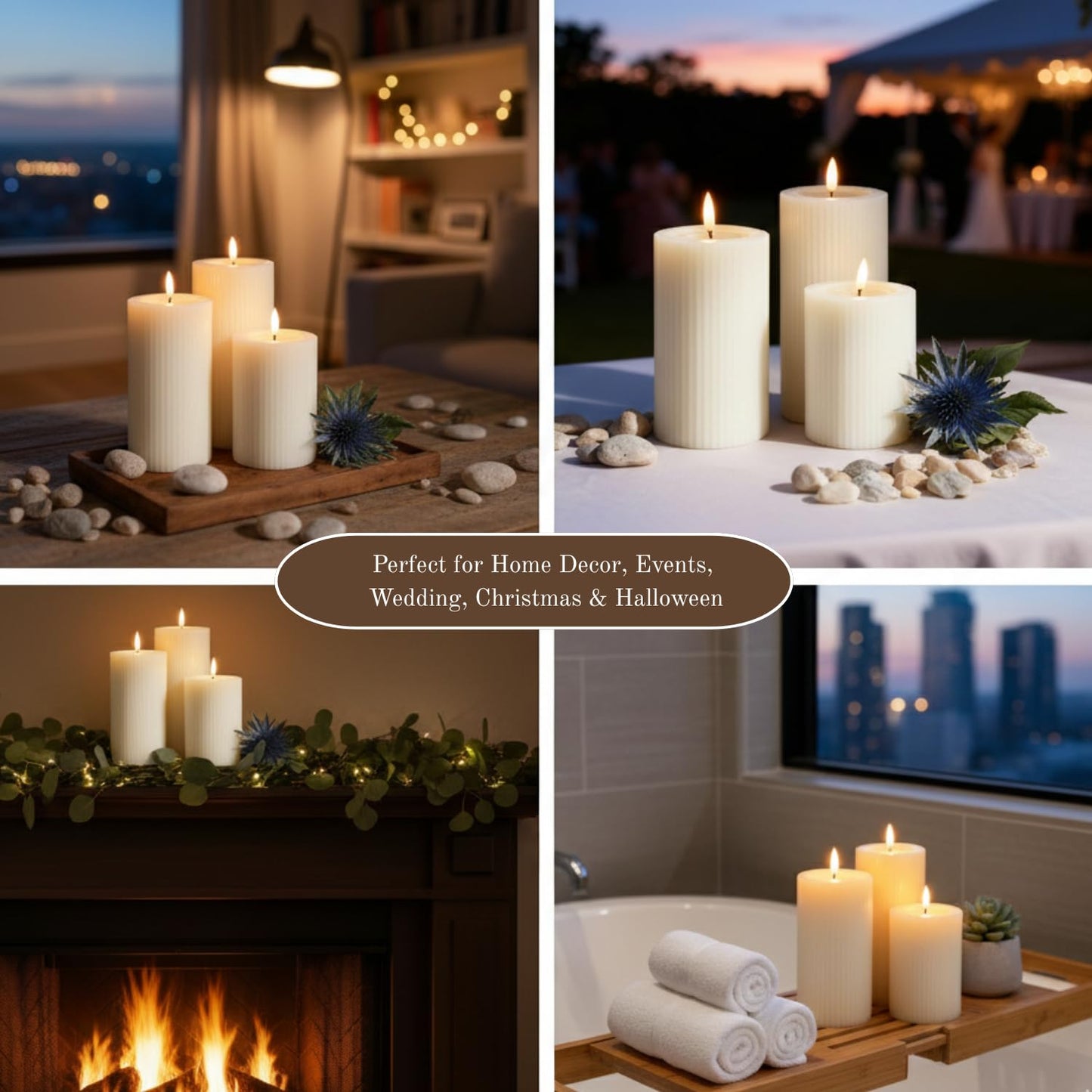 West Ivory Fluted Ribbed LED Pillar Candles, Cream Beige, with Reflective Melted-Wax Effect – Flickering Flame, Remote, Dimmable, Flameless, Battery Operated, Home & Wedding Decor (Set of 3)