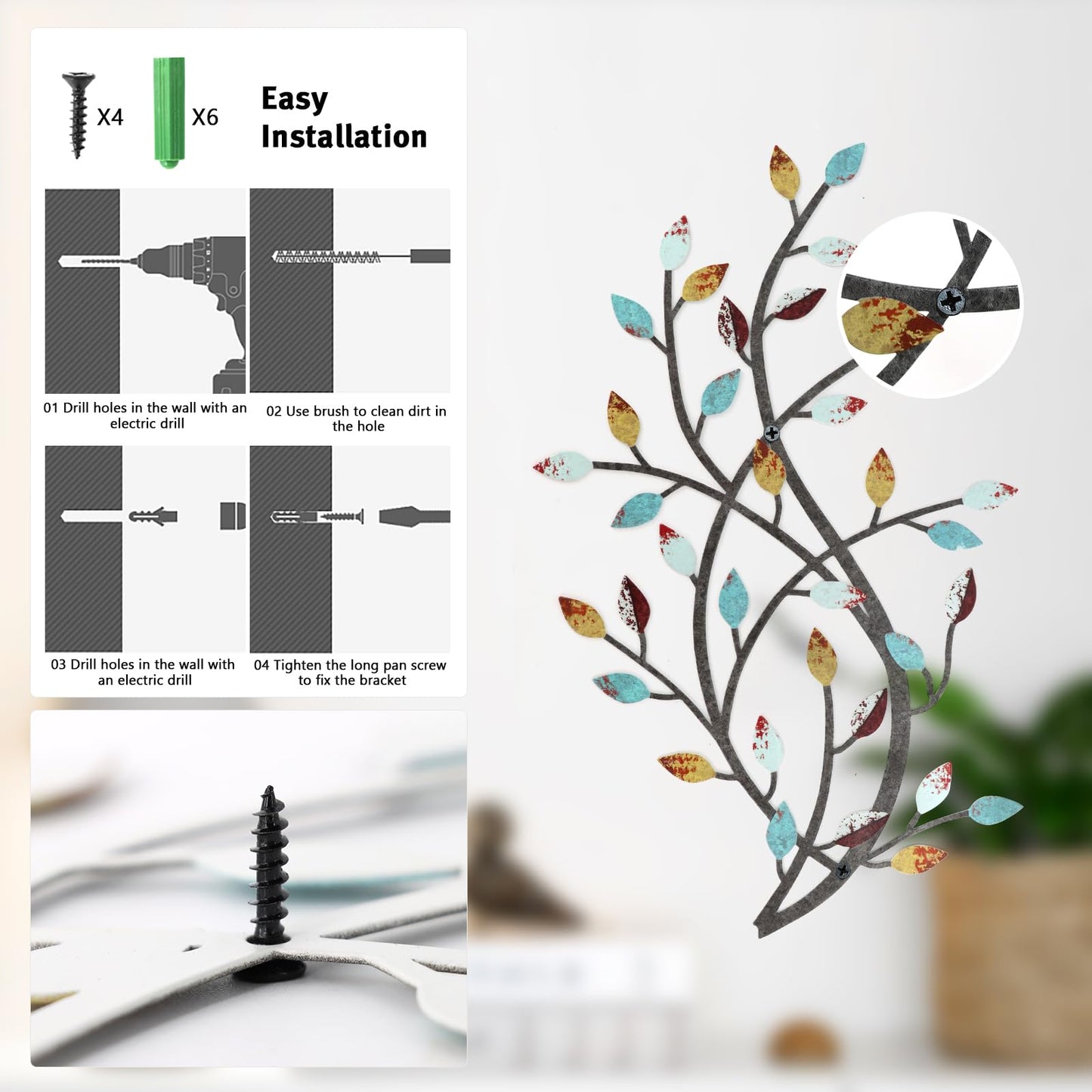 Meltset Metal Tree Leaf Wall Decor, Vine Olive Leaf Branch Wall Art, Wrought Iron Scroll Artwork, Decorative Wall Sculptures Above The Bed, Living Room, Hallway, Indoor and Outdoor（S/Farmhouse）