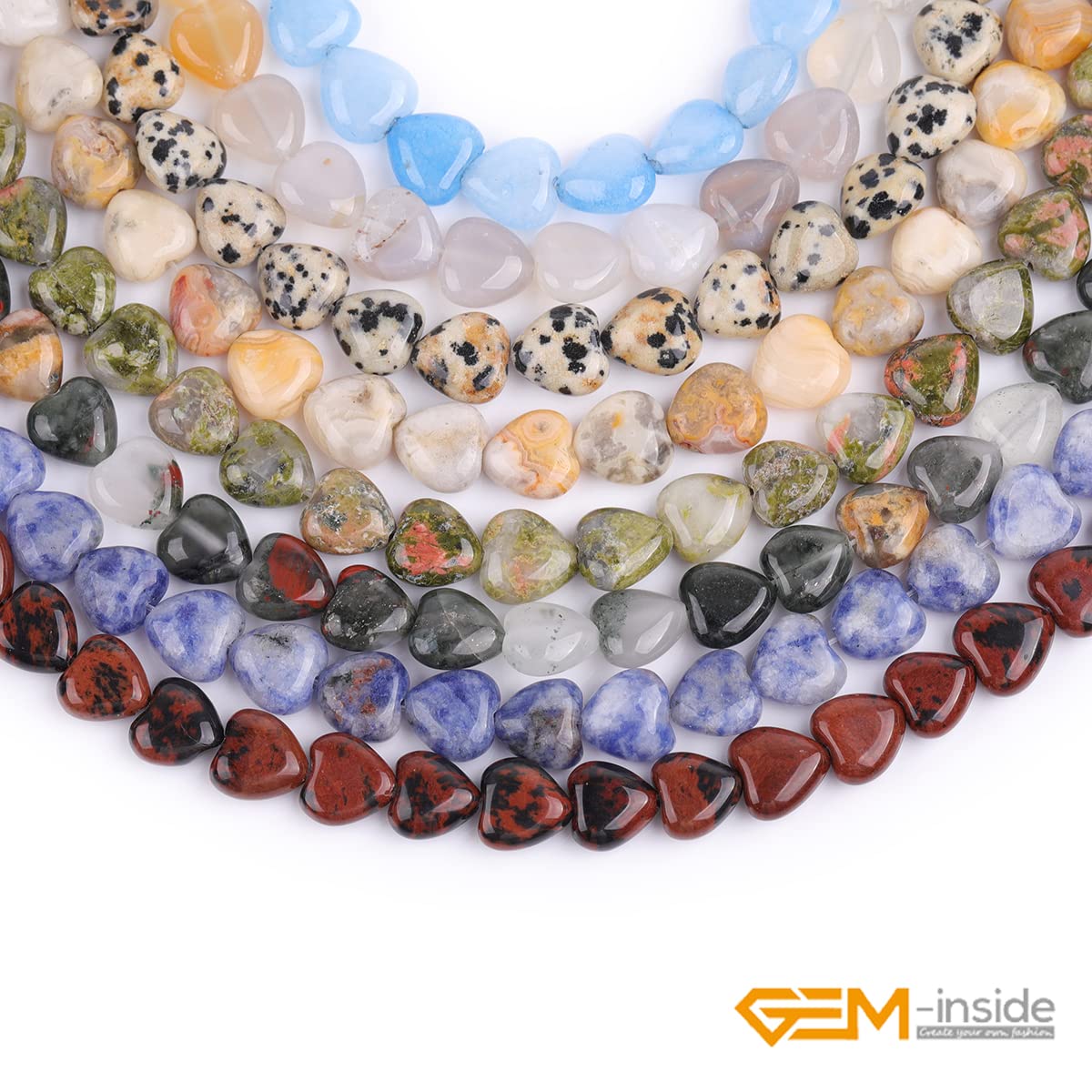 GEM-Inside 10mm Heart Charms Natural Khaki Yellow Dalmatian Dalmation Jasper Gemstone Stone Beads for Jewelry Making Full 15" Strand Power Energy Healing Stone Beads