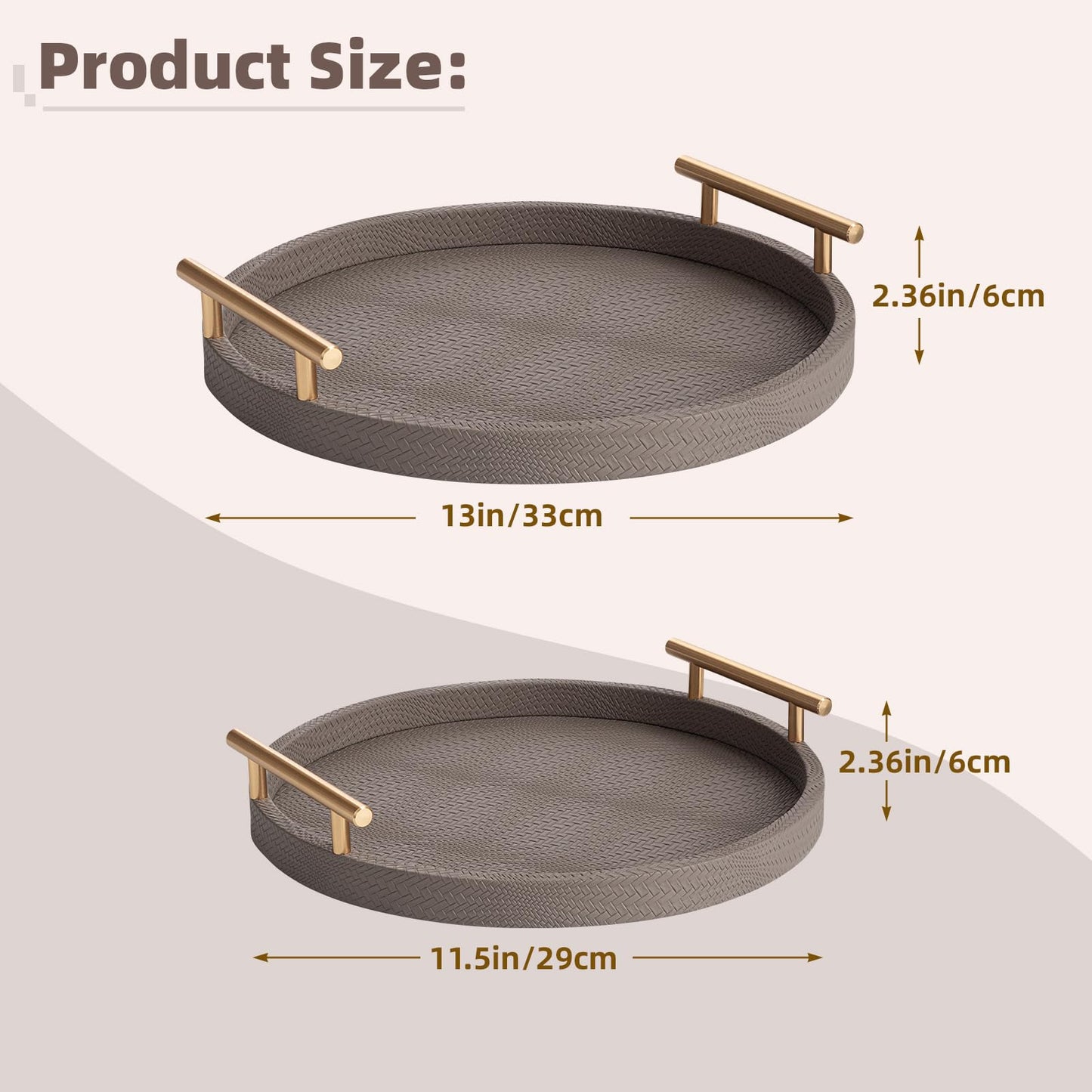 MACVAD 2 Piece Coffee Brown Round Serving Tray with Handles, Woven-Texture Faux Leather Ottoman Tray for Living Room, Decorative Tray for Coffee Table Home Decor