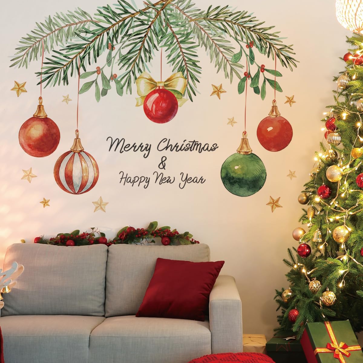 Merry Christmas Wall Decals Happy New Year Wall Stickers Removable Light Ball Wall Decals Decor for Xmas Holiday Party Supplies Home Decor