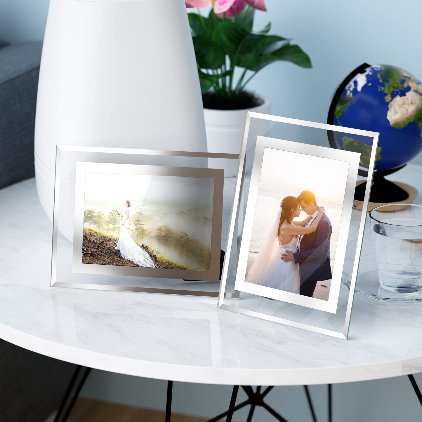 Komimaci 5x7 Picture Frames - Glass Photo Frame for Tabletop/Desktop Display, Horizontal/Vertical Orientation, Silver Finish