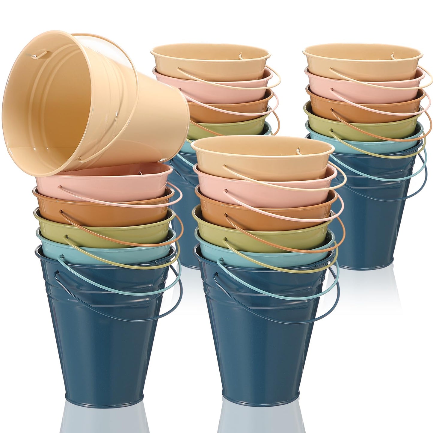 Sadnyy 24 Pack Small Metal Buckets with Handle, 4.5 x 5.1 Inch Mini Galvanized Tin Bucket for Back to School Classrooms Crafts Pencil Holder Boho Wedding Birthday Party Favor Decoration (Morandi)