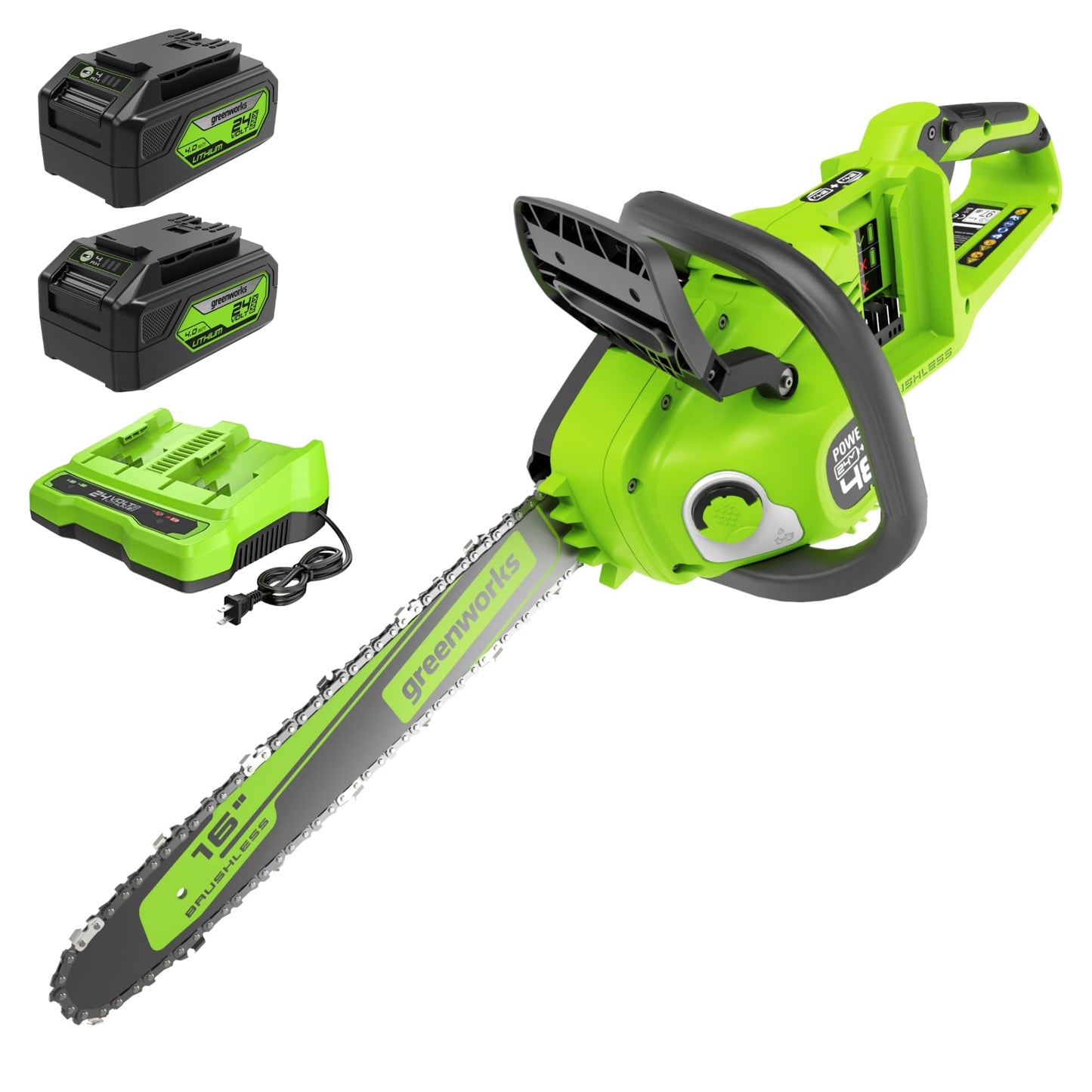 Greenworks 48V (24V x 2 ) 16" Brushless Cordless Chainsaw (Great For Tree Felling, Limbing, Pruning, and Firewood / 200+ Compatible Tools), (2) 4.0Ah Batteries and Dual Port Rapid Charger Included