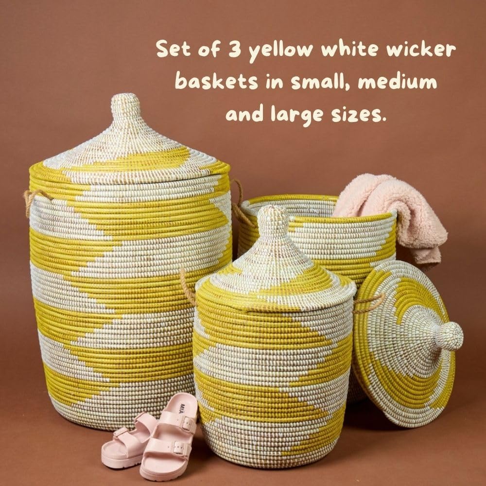 Large Wicker Basket, Yellow and White, 18 Inch Wide, 23 Inch Tall