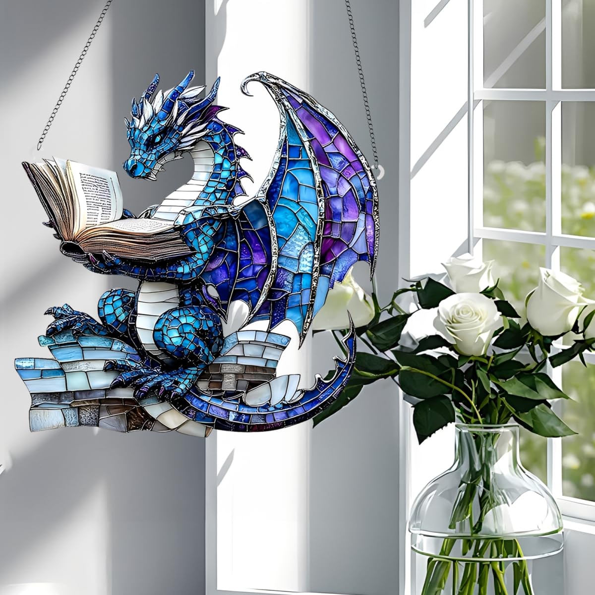 1PC Blue Dragon Reading Acrylic Suncatcher Hanging, 7.08 inch Window Decor with Printed Stained Glass Style Design, Rainbow Maker Wall Art, Gift Idea & Garden Ornament Indoor Outdoor Use/DW-17