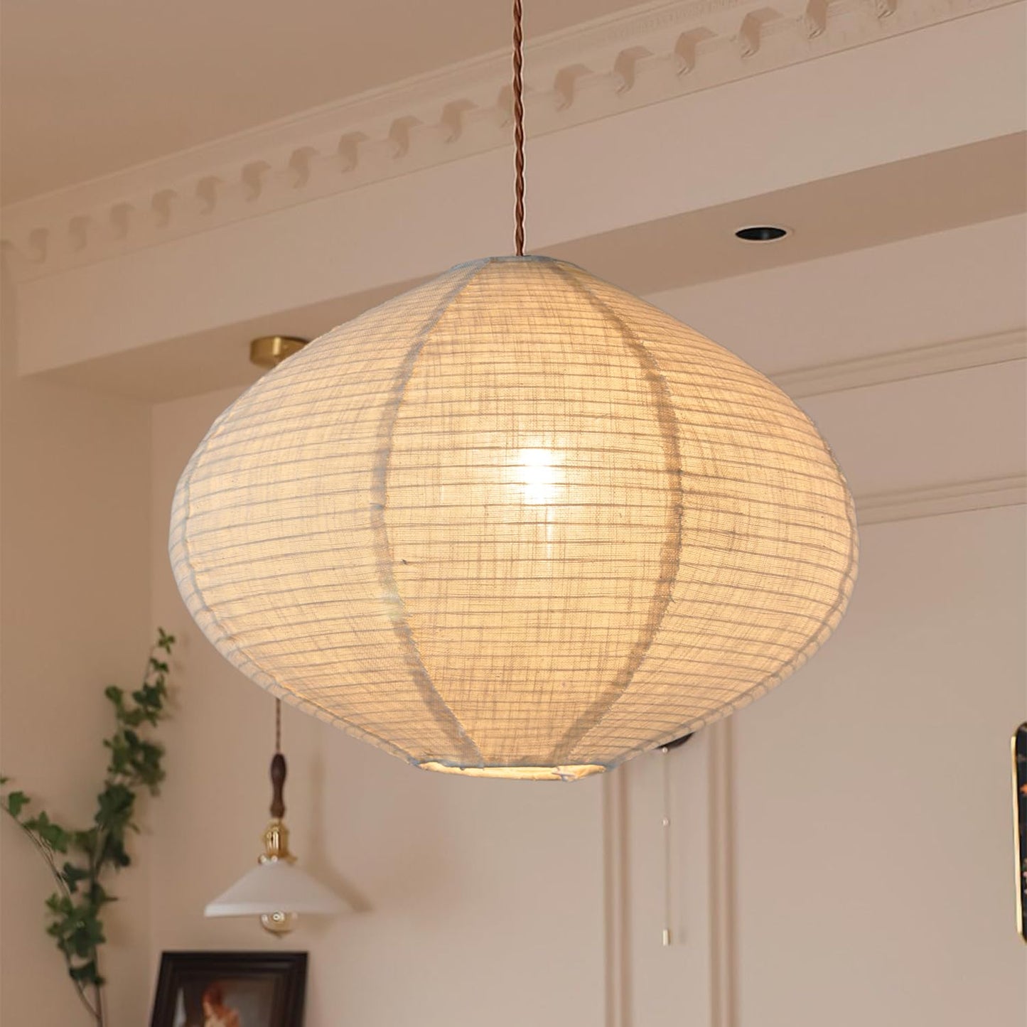 METHEDEECO Oval Hanging Lamp Shade, 16 Inch Faux Linen Pendant Lamp Shade, Foldable Fabric Replacement Shade, White with Beige, Minimalist Pendant Lantern Shade for Bedroom Living Room Kitchen