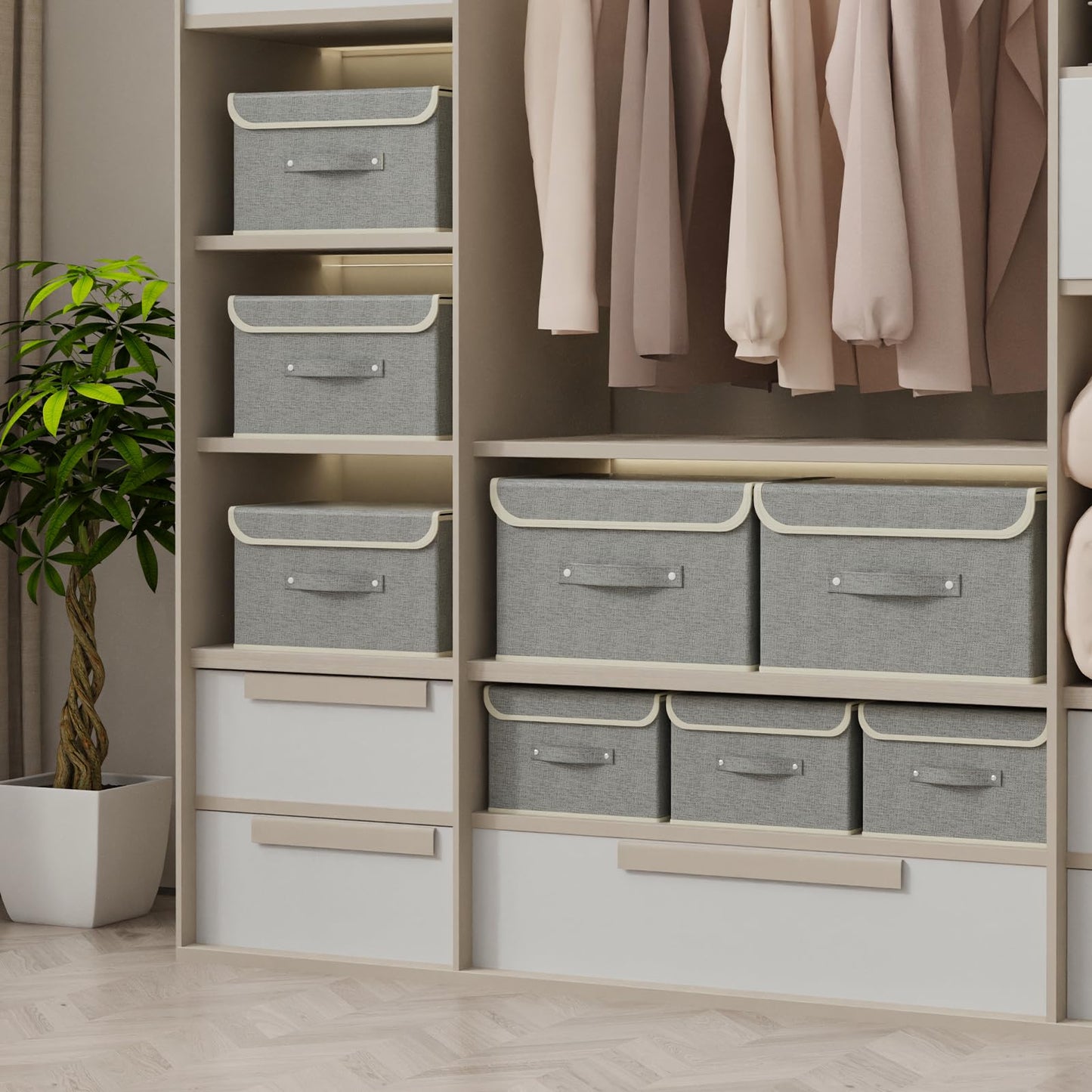 ENUMAIL Storage Boxes, Collapsible Storage Bins with Lids, Cotton and linen cloth Storage Baskets with Handle, for Books, Closet, Bedroom, Home, 10.2x7.9x6.7 in, Grey