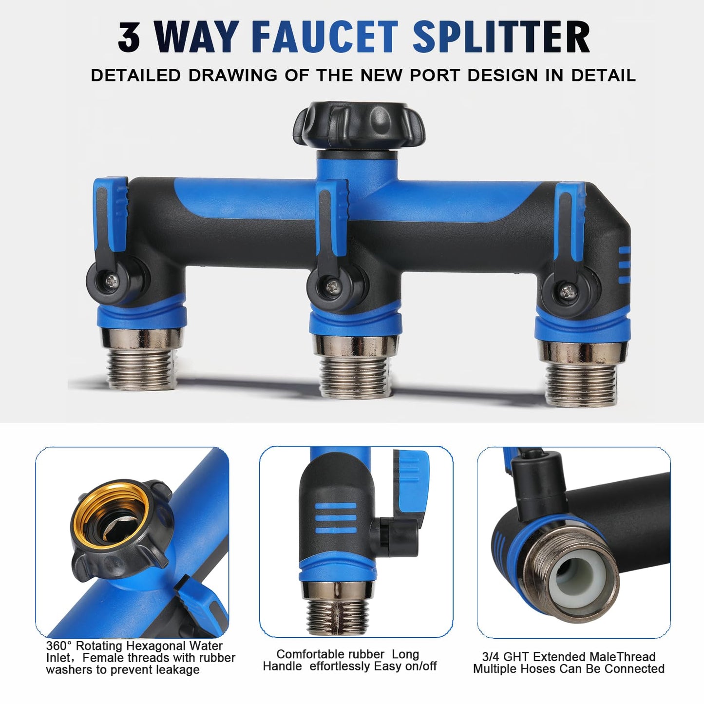 Garden Hose Splitter, 3 Way Water hose bib Spigot splitter, T Hose Connector- with Shutoff Valves Water Adapter，Outdoor Faucet Splitter 3/4" GHT Thread， For Home Outdoor Garden irrigation（ blue）