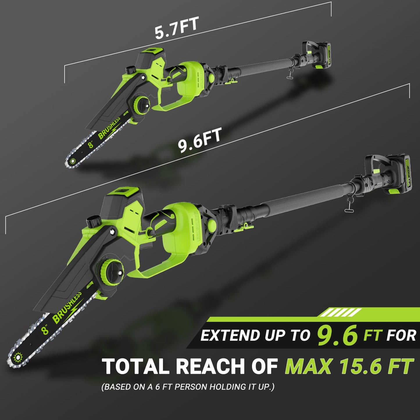 2-In-1 Cordless Electric Pole Saw for Tree Trimming, 8 Inch Chainsaw with 2 x 3000mAh Batteries, LCD Display, 15.6 FT Max Reach, 180° Adjustable Cutting Head for Tree Trimmer Limb Branch Cutter Pruner