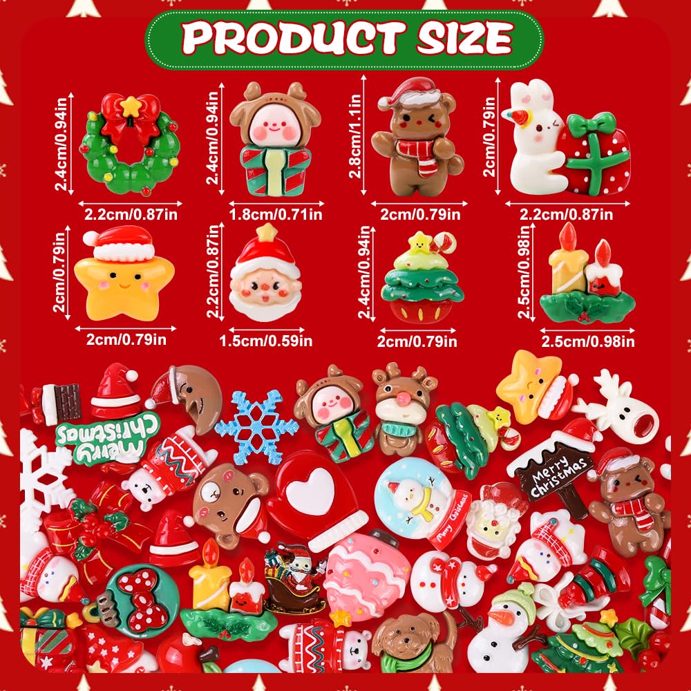 Vellibring 120PCS Christmas Cute Resin Flatback Slime Charms，60 Styles Bulk Christmas Cartoon Making Kit Decorations for Holiday DIY Craft Phone Cases Nails Scrapbooking