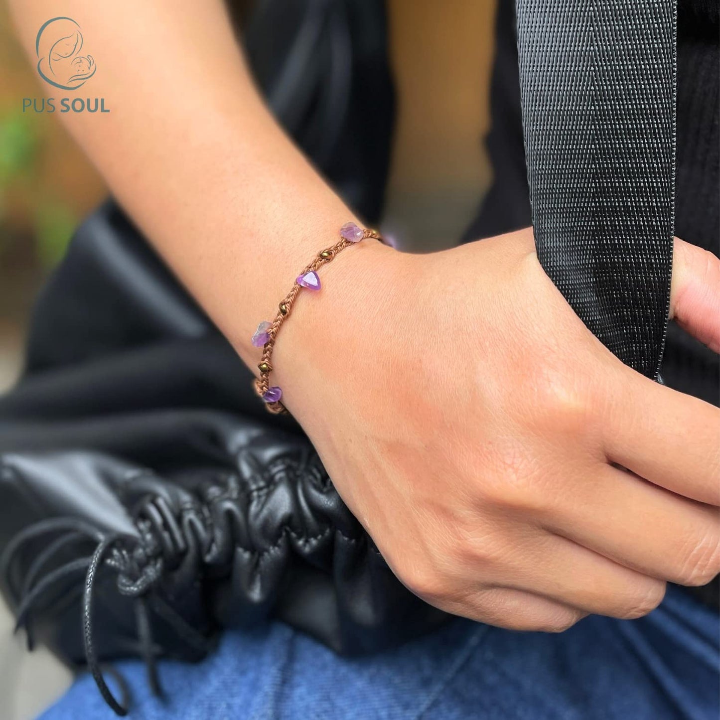 PusSoul Handmade Amethyst Small Crystal Bracelet (6.5-7.5'') - Adjustable & Plus Size, Natural Healing Crystal Chips, Waterproof, Chakra Beaded - Unusual Jewelry for Women, Girl & Friendship from