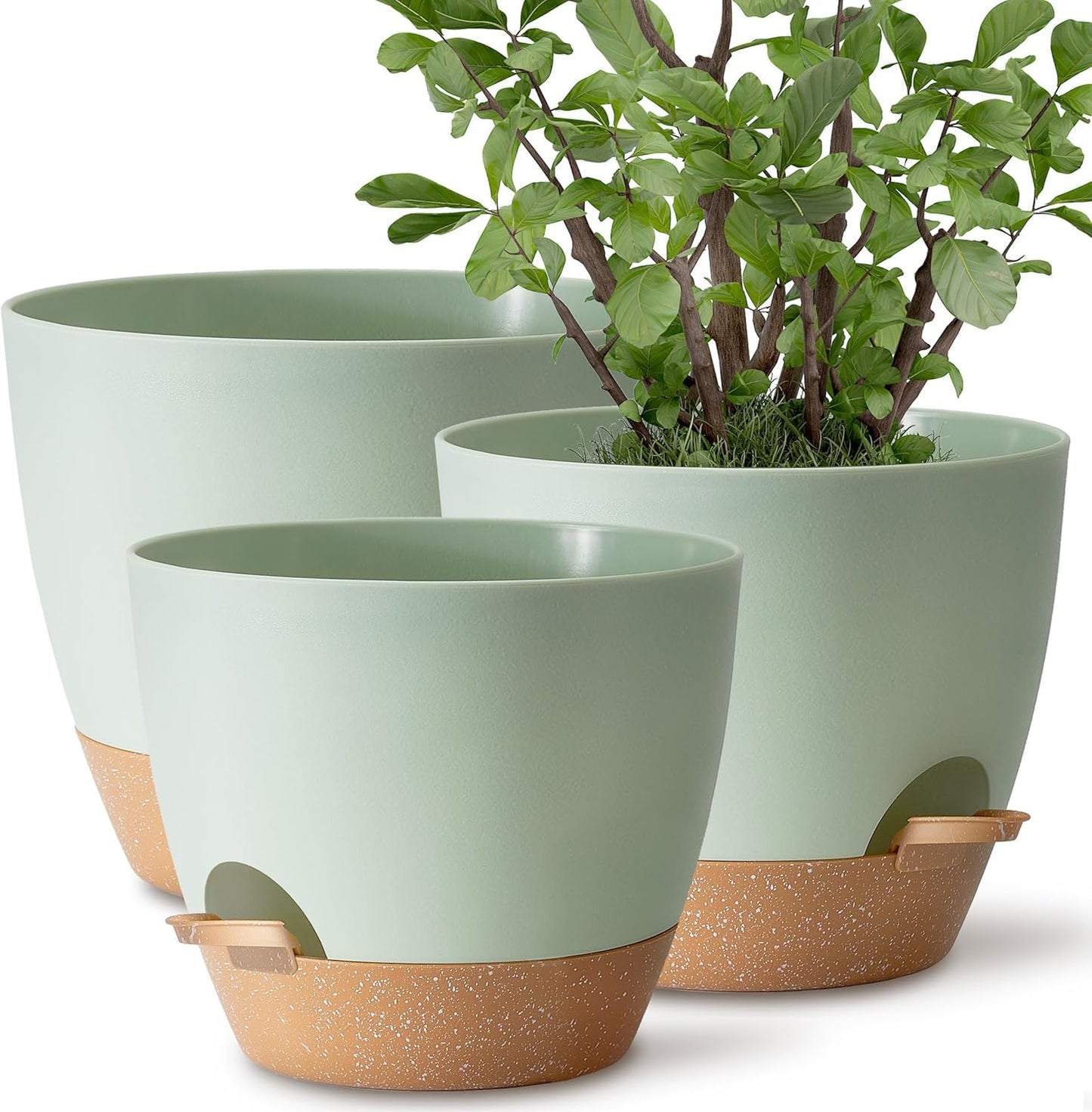 TYMENSH Plant Pots 12/10/9 inch Set of 3, Self Watering Flower Pots Indoor Outdoor, Planters with Drainage Hole Saucer Reservoir, Green