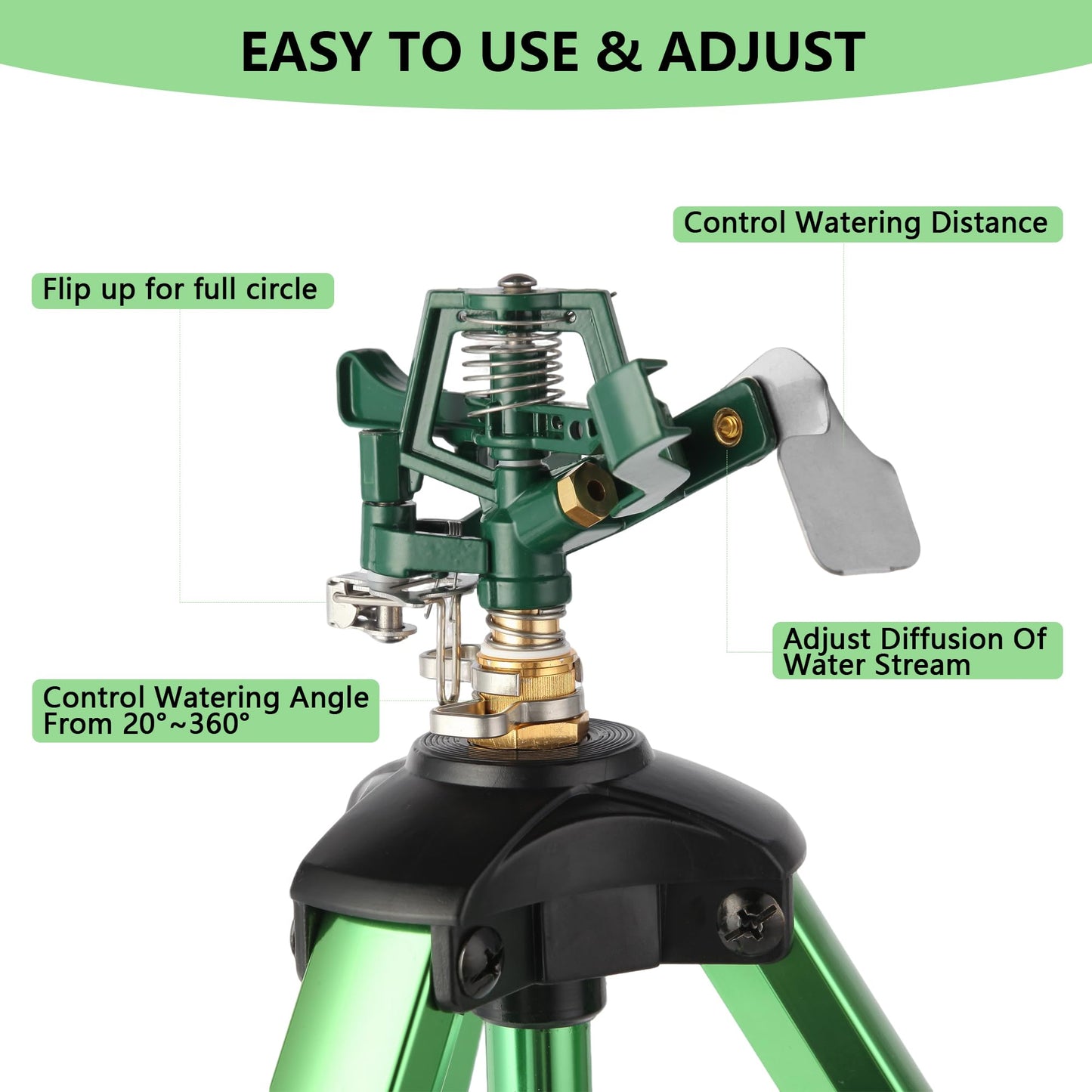 IRRSTPRO Green Zinc Alloy Water Bird Sprinkler, Heavy Duty Tripod Base Garden Sprinkler, 360 Degree Large Area Irrigation, Durable Flip Lock Legs & Adjustable Nozzle, 1 Pack