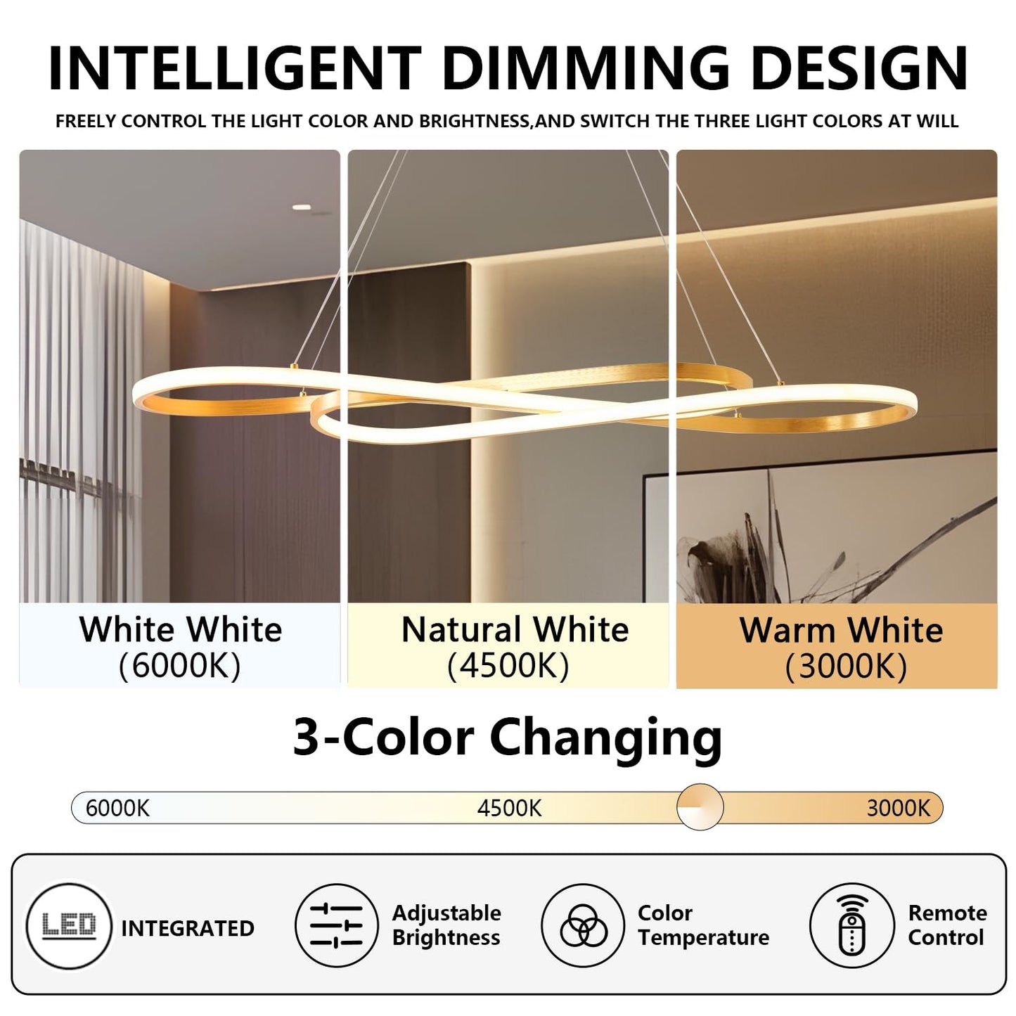 Gold Led Chandelier for Kitchen Island Lighting,Dimmable Modern Chandelier for Dining Room, L39.4" Modern Led Pendant Light Fixture Height Adjustable Brushed Gold Dining Room Light Fixture Over Table
