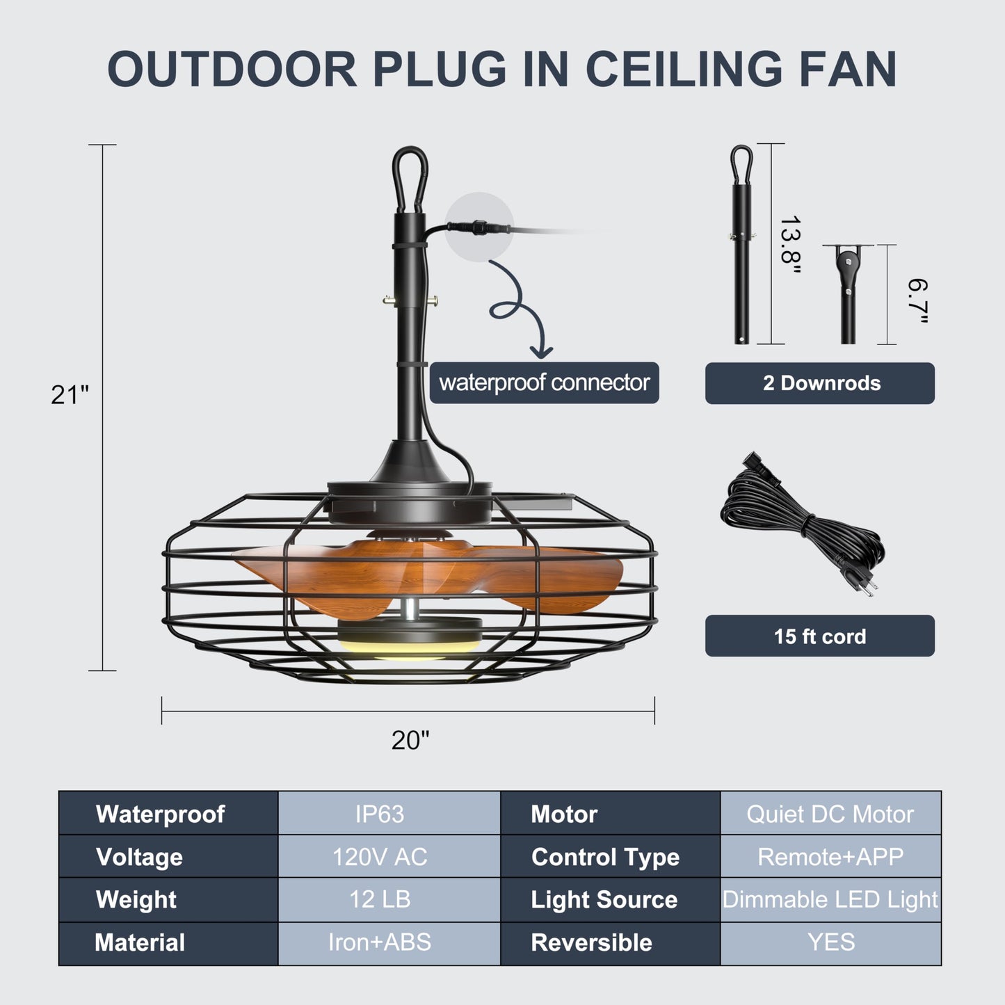Coolbull Plug and Play Outdoor Ceiling Fans with Lights, 20'' Wet Rated Gazebo Fan Remote/APP Control, Dimmable Hanging Fan for Patio Pergola, Wood Color