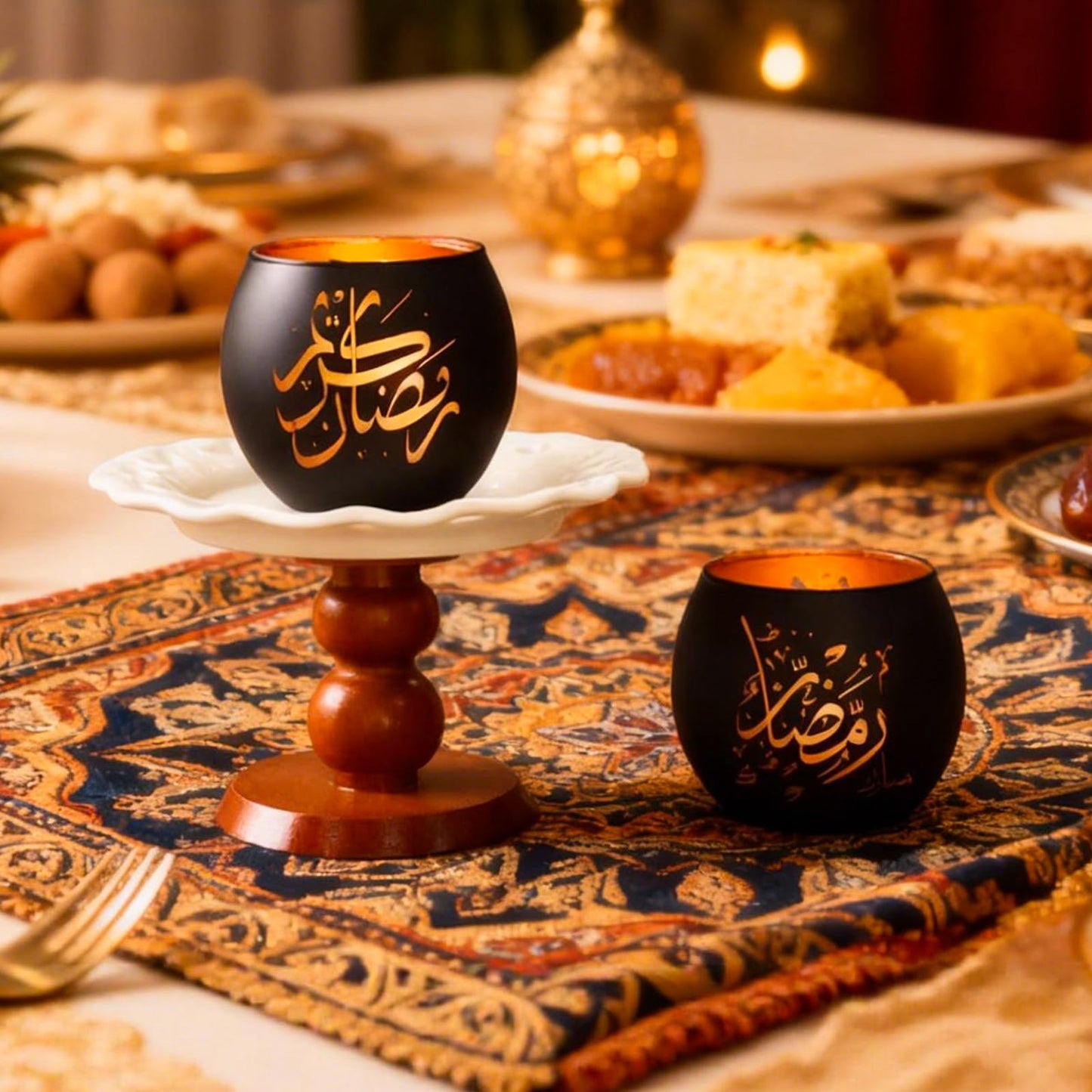 Eid Mubarak Decorations Indoor, Arabic Calligraphy 4 Pcs Laser Etched Glass Tealight Candle Holders, Ramadan Kareem & Ramadan Mubarak Votive Holders for Table Decor, Islamic Gifts