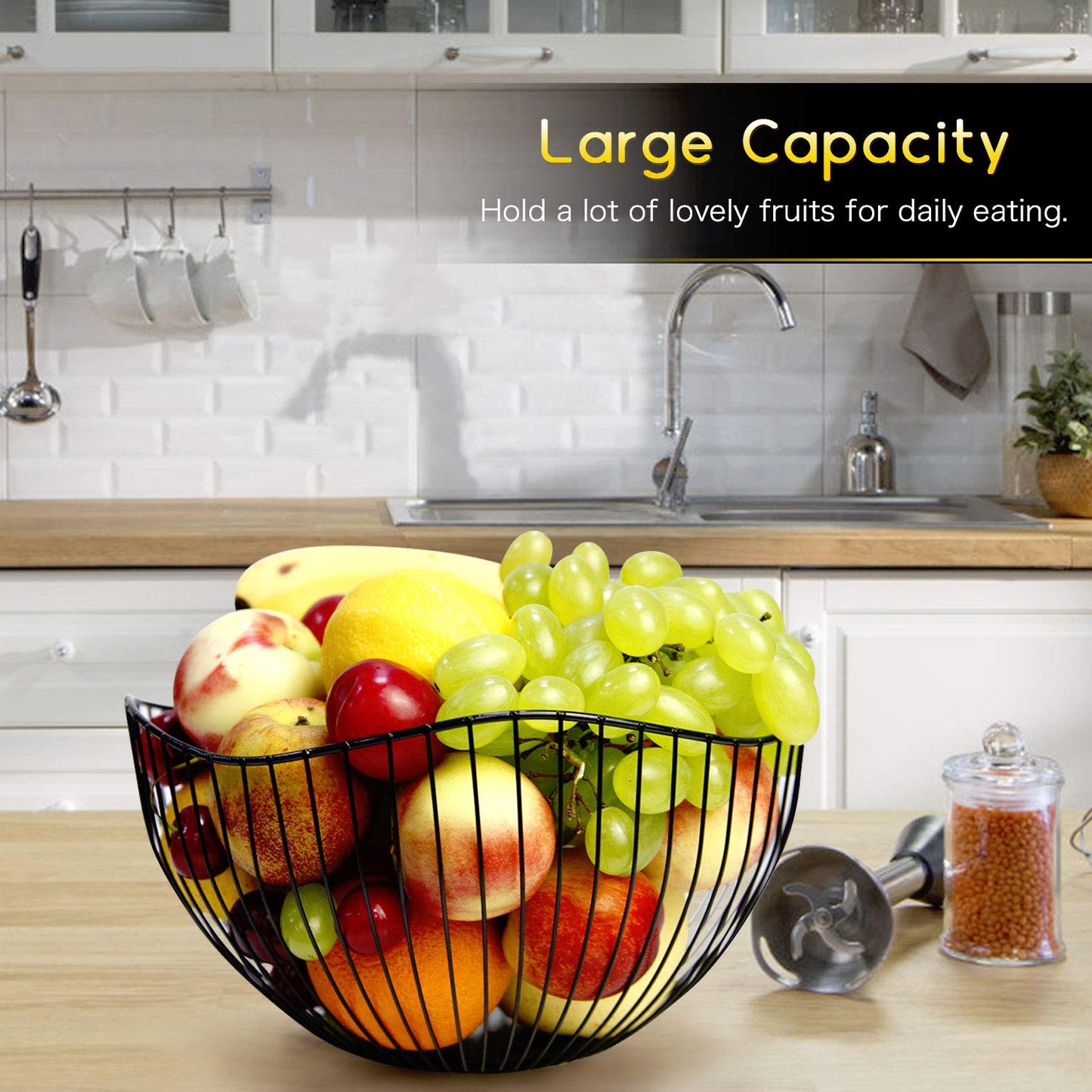DMAR Wire Fruit Basket for Kitchen Counter with Wave Design. Black Fruit Bowl for Fruits & Veggies