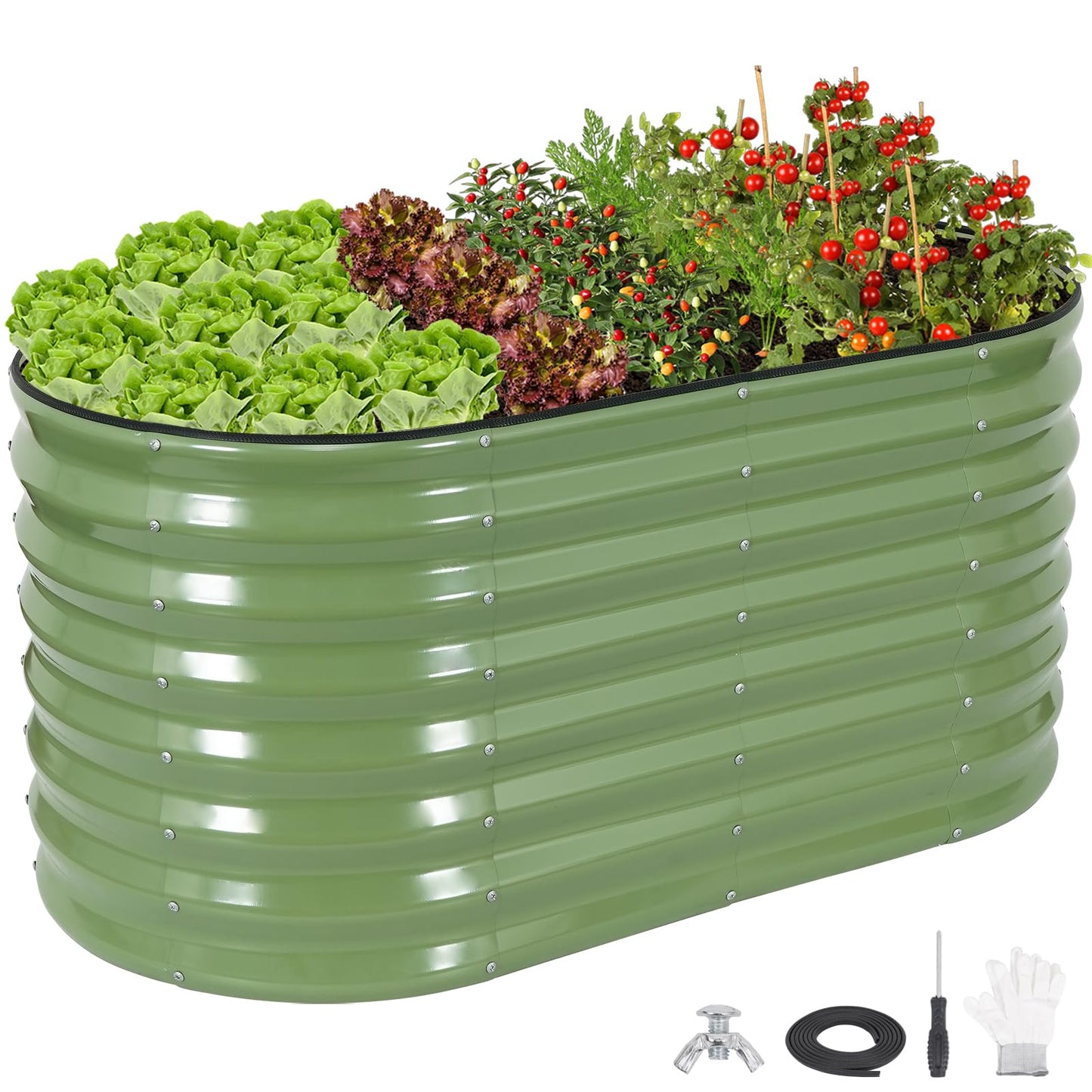 24" Tall Galvanized Raised Garden Bed Outdoor, 4x2x2ft Deep Metal Planter Box with Safety Edging & Support Bars, Large Oval Raised Beds for Gardening Plants Vegetables Herbs Flowers (Olive Green)
